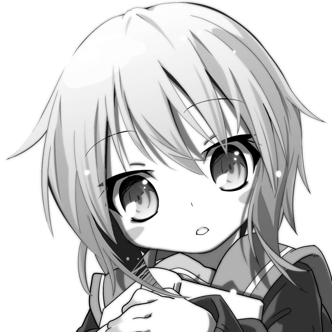 kokoroke, kokoroke (556k), nagato yuki, suzumiya haruhi no yuuutsu, eyebrows, bad id, bad pixiv id, 00s, 1girl, :o, blush stickers, female focus, greyscale, head tilt, holding, looking at viewer, monochrome, school uniform, serafuku, short hair, simple background, solo, upper body, white background
