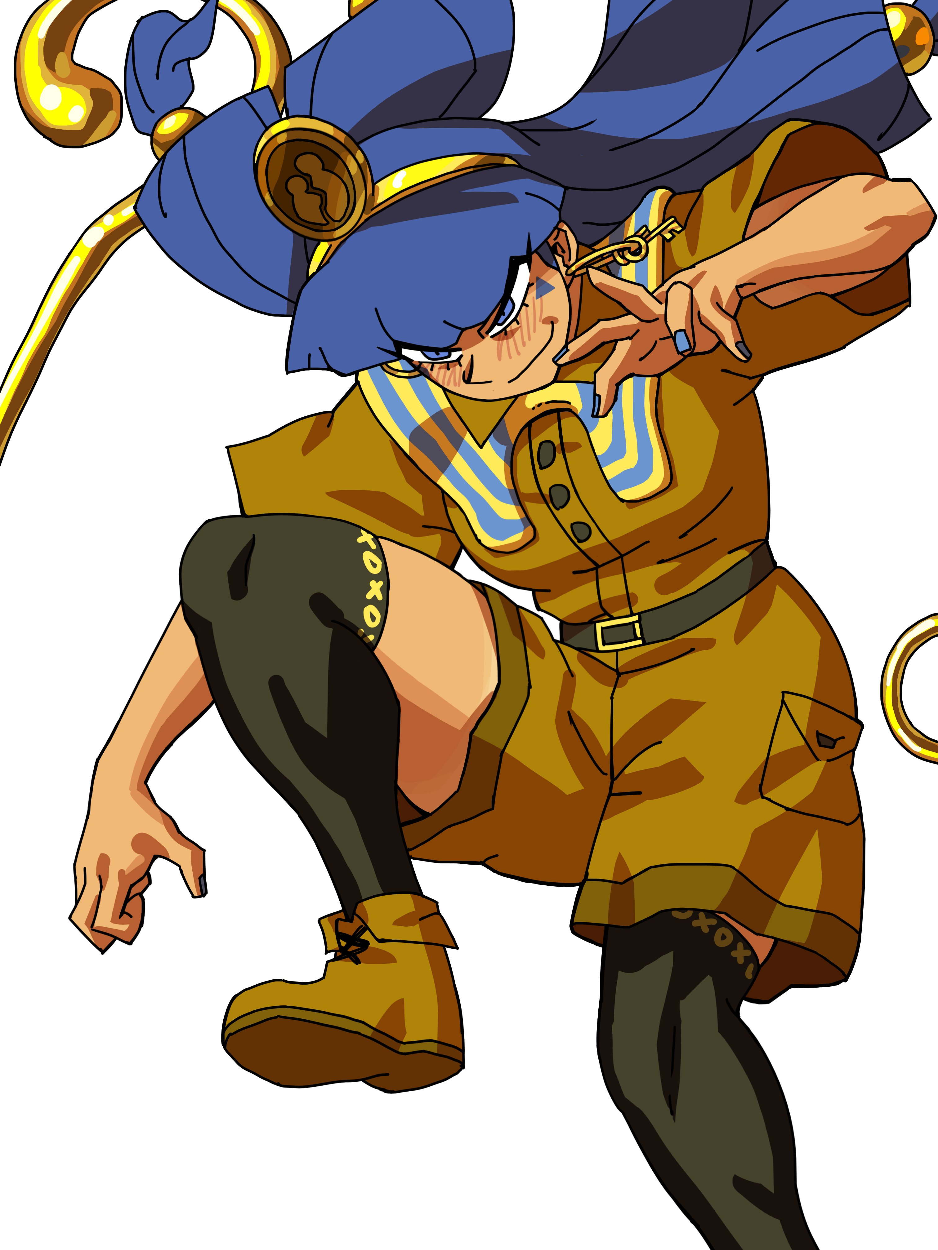 eddybird55555, michigami nareko, jojo no kimyou na bouken, stardust crusaders, touhou, absurdres, highres, asymmetrical legwear, belt, belt buckle, black belt, black socks, black thighhighs, blue eyes, blue hair, blue nails, brown shirt, brown shoes, brown shorts, buckle, earrings, facial mark, foot out of frame, gold, gold hairband, hair bobbles, hair ornament, hairband, hoop earrings, jewelry, jojo pose, key earrings, kneehighs, long hair, scepter, shirt, shoes, short sleeves, shorts, smirk, socks, tan, tanline peek, thighhighs, triangle, triangle facial mark, usekh collar, very long hair, white background