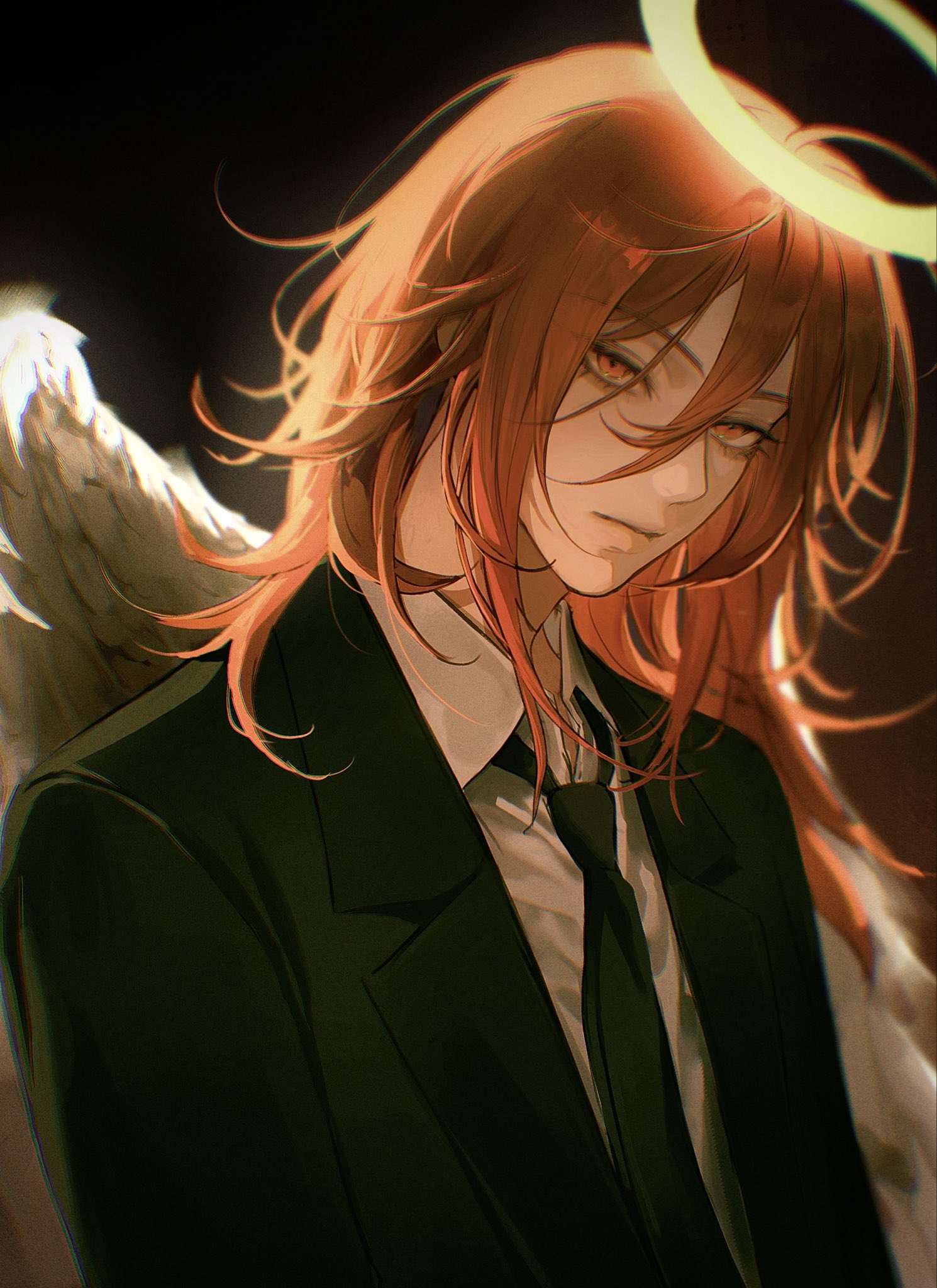 dang0 23, angel devil (chainsaw man), chainsaw man, highres, 1boy, angel, angel wings, black background, black necktie, closed mouth, collared shirt, feathered wings, hair between eyes, halo, jacket, long hair, male focus, necktie, red eyes, red hair, shirt, simple background, solo, suit jacket, traditional halo, upper body, white shirt, white wings, wings