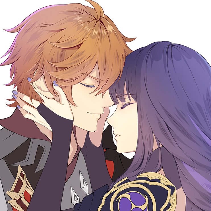 phlower luna, raiden shogun, tartaglia (genshin impact), genshin impact, commentary, english commentary, 1boy, 1girl, armor, blunt bangs, bridal gauntlets, close-up, closed mouth, clothing cutout, collared jacket, couple, formal clothes, friends, hair between eyes, hands on another's head, heads together, hetero, incoming kiss, jacket, japanese armor, japanese clothes, leaning forward, leaning on person, light smile, long hair, mitsudomoe (shape), multicolored hair, off shoulder, orange hair, parted lips, purple hair, purple nails, shade, short hair, shoulder armor, shoulder cutout, simple background, smirk, streaked hair, suit, tomoe (symbol), upper body, white background