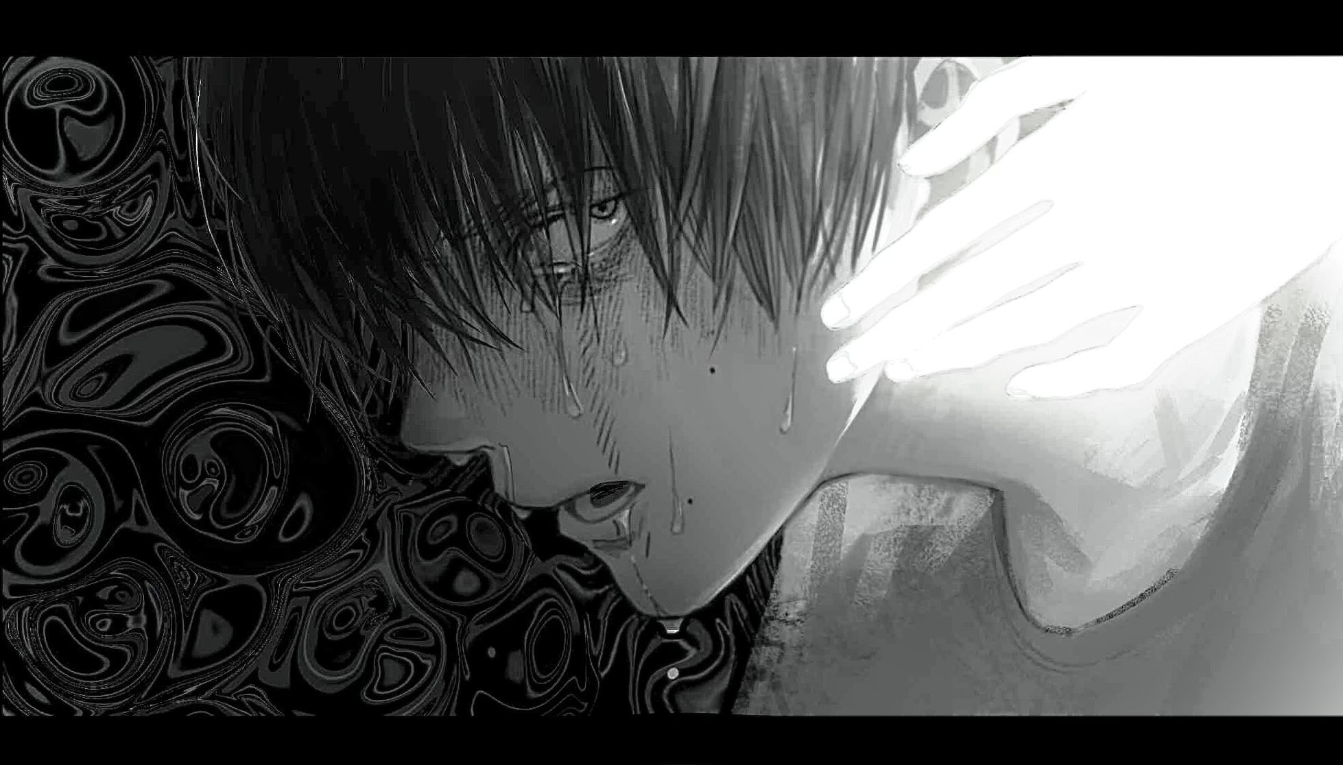 biboni, indou hikaru, tsujinaka yoshiki, hikaru ga shinda natsu, commentary, hashtag-only commentary, highres, 2boys, crew neck, crying, crying with eyes open, fingernails, greyscale, letterboxed, looking at another, looking back, lower teeth only, male focus, monochrome, multiple boys, open mouth, profile, saliva, sanpaku, shirt, snot, solo focus, sweat, tears, teeth