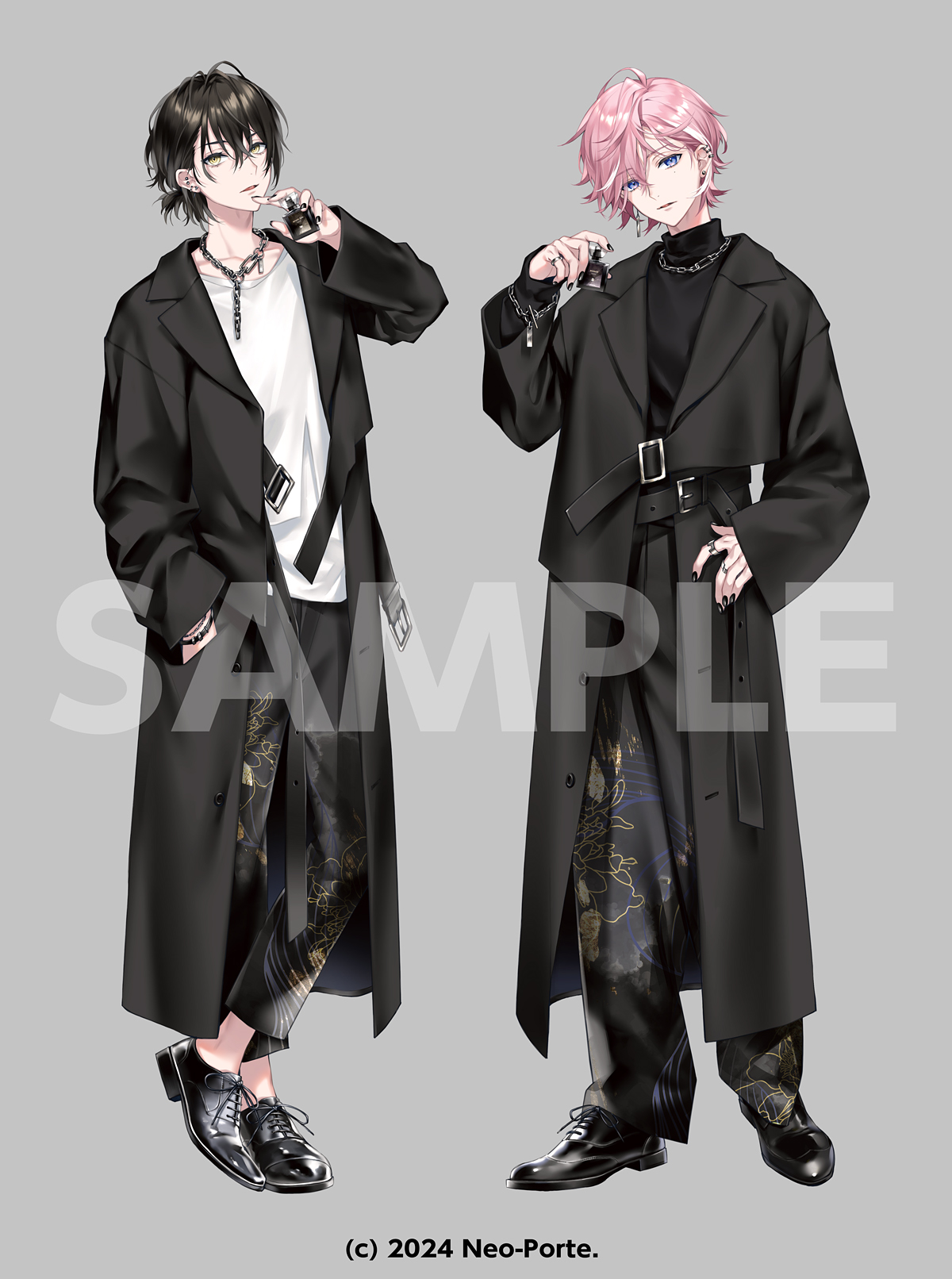 akke (akke299), aruse inu, minase (neo-porte), neo-porte, highres, 2boys, ahoge, belt, belt buckle, black belt, black coat, black hair, black nails, black pants, black shirt, black shoes, blue eyes, bottle, bracelet, buckle, chain, chain necklace, coat, copyright notice, ear piercing, earrings, floral print, full body, grey background, hair between eyes, hand in pocket, hand on own hip, hand up, holding, holding perfume, jacket, jewelry, long coat, long sleeves, looking at viewer, male focus, multicolored hair, multiple boys, multiple rings, nail polish, necklace, open clothes, open coat, pants, parted lips, perfume bottle, piercing, pink hair, ponytail, ring, sample watermark, shirt, shoes, short hair, short ponytail, simple background, sleeves past wrists, smile, sneakers, standing, streaked hair, turtleneck, two-tone hair, virtual youtuber, watermark, white hair, white shirt, yellow eyes