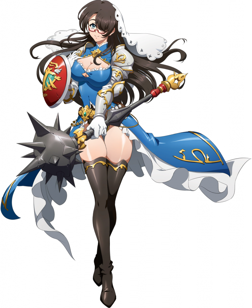 langrisser, langrisser mobile, langrisser re:incarnation, game cg, official art, third-party source, 1girl, arm armor, armor, belt, black boots, blue dress, blue eyes, boots, breasts, brown hair, buckler, cleavage, cleavage cutout, closed mouth, clothing cutout, cross, crossed legs, dress, elbow gloves, floating clothes, floating hair, full body, glasses, gloves, gold belt, gold trim, hair over one eye, hand on own chest, holding, holding mace, holding weapon, lace trim, large breasts, long hair, looking at viewer, looking over eyewear, mace, mariel (langrisser), mini eyewear, nun, pauldrons, priestess, semi-rimless eyewear, shield, shoulder armor, smile, solo, spiked mace, spikes, standing, tachi-e, thigh boots, thighhighs, thighs, transparent background, two-sided dress, two-sided fabric, under-rim eyewear, vambraces, veil, weapon, white gloves, white veil