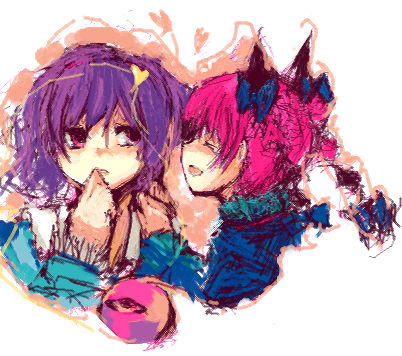 tasu, tasu tasuta, kaenbyou rin, komeiji satori, touhou, lowres, 2girls, :d, ^ ^, animal ears, braid, cat ears, cat girl, closed eyes, female focus, from side, heart, long sleeves, multiple girls, open mouth, profile, purple hair, short hair, simple background, smile, twin braids, upper body, white background, yuri