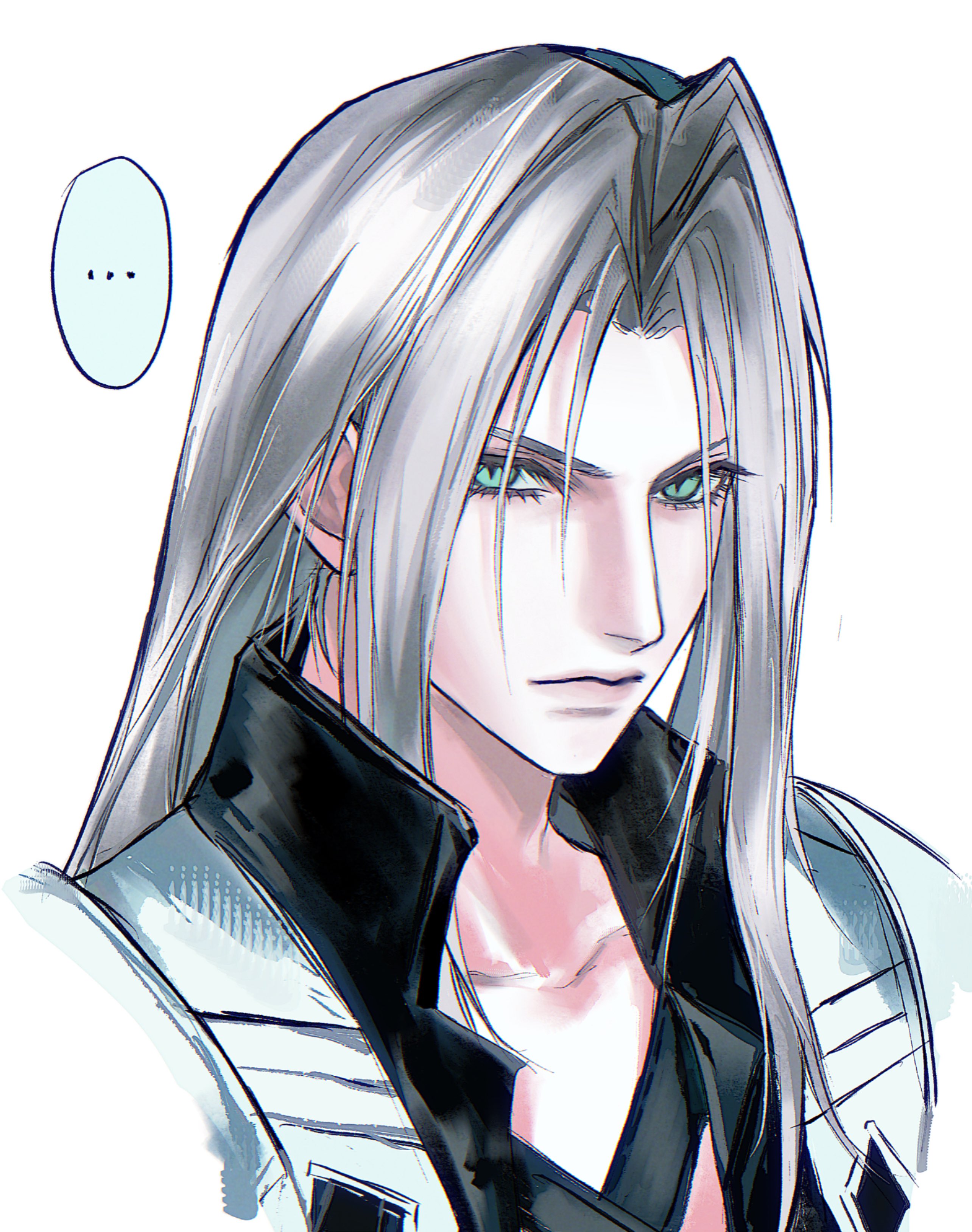 3 3lecho, sephiroth, final fantasy, final fantasy vii, absurdres, highres, …, 1boy, armor, black shirt, closed mouth, collared shirt, eyelashes, green eyes, grey hair, lips, long hair, looking to the side, male focus, pauldrons, popped collar, portrait, shirt, shoulder armor, sideways glance, simple background, slit pupils, solo, speech bubble, spoken ellipsis, white background