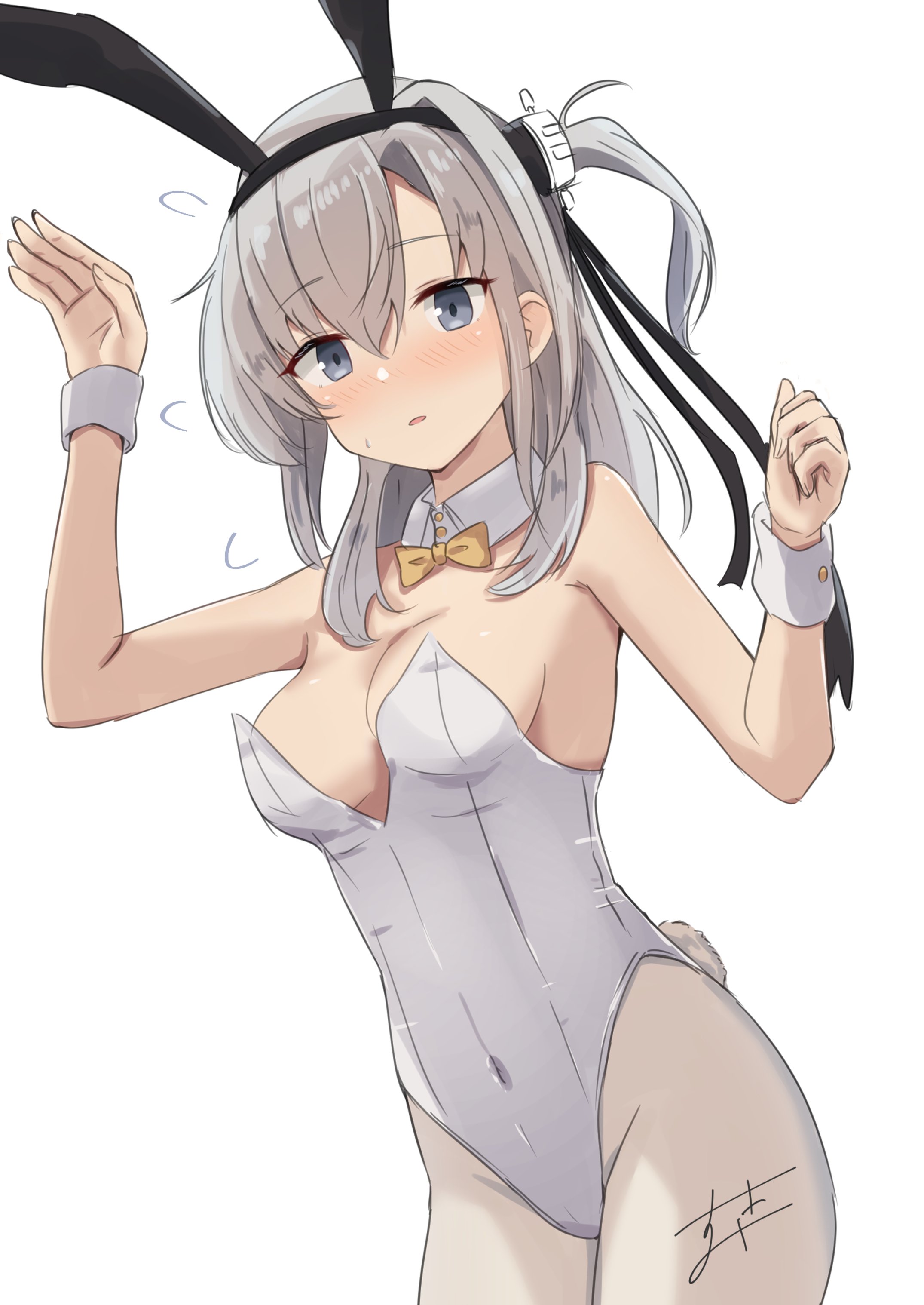 sukimizaki, suzutsuki (kancolle), kantai collection, absurdres, highres, 1girl, alternate costume, animal ear hairband, animal ears, arms up, bare shoulders, blush, bow, bowtie, breasts, cleavage, covered navel, cowboy shot, detached collar, fake animal ears, fake tail, flying sweatdrops, grey eyes, grey hair, hachimaki, hair between eyes, hairband, headband, headgear, highleg, highleg leotard, leotard, long hair, looking at viewer, medium breasts, one side up, pantyhose, playboy bunny, ponytail, rabbit ear hairband, rabbit ears, rabbit tail, simple background, solo, strapless, strapless leotard, tail, white background, white leotard, white pantyhose, wrist cuffs