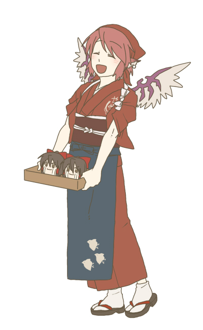 torinone, hakurei reimu, mystia lorelei, okamisty, touhou, 1girl, female focus, japanese clothes, red hair, sandals, short hair, solo, tasuki, wings, yukkuri shiteitte ne, zouri