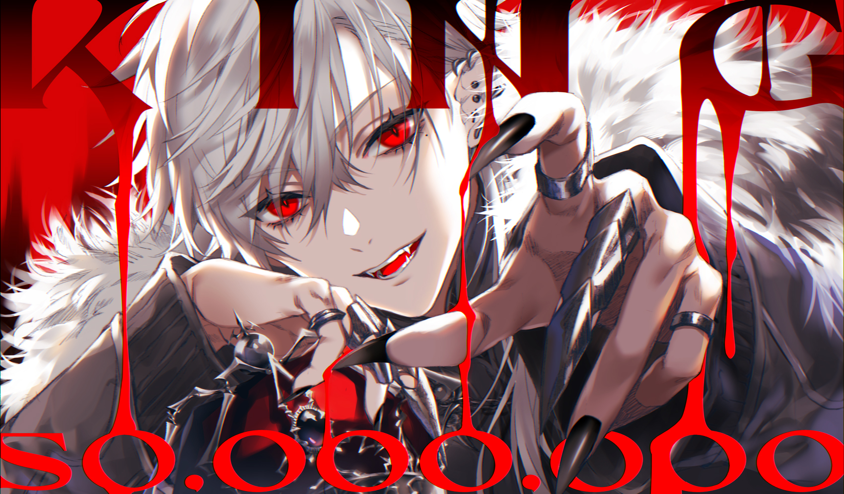 akke (akke299), kuzuha (nijisanji), nijisanji, highres, 1boy, black nails, black shirt, crown, ear piercing, earrings, english text, eyelashes, fangs, fingernails, fur trim, grey hair, hair behind ear, hair between eyes, hand on own cheek, hand on own face, hand up, head rest, head tilt, holding, holding crown, jacket, jewelry, long fingernails, long sleeves, looking at viewer, male focus, melting, mole, mole under eye, multiple rings, nail polish, open mouth, outstretched hand, piercing, pointy ears, red background, red eyes, ring, sharp fingernails, shirt, smile, solo, teeth, turtleneck, unworn crown, upper body, vampire, virtual youtuber, white hair