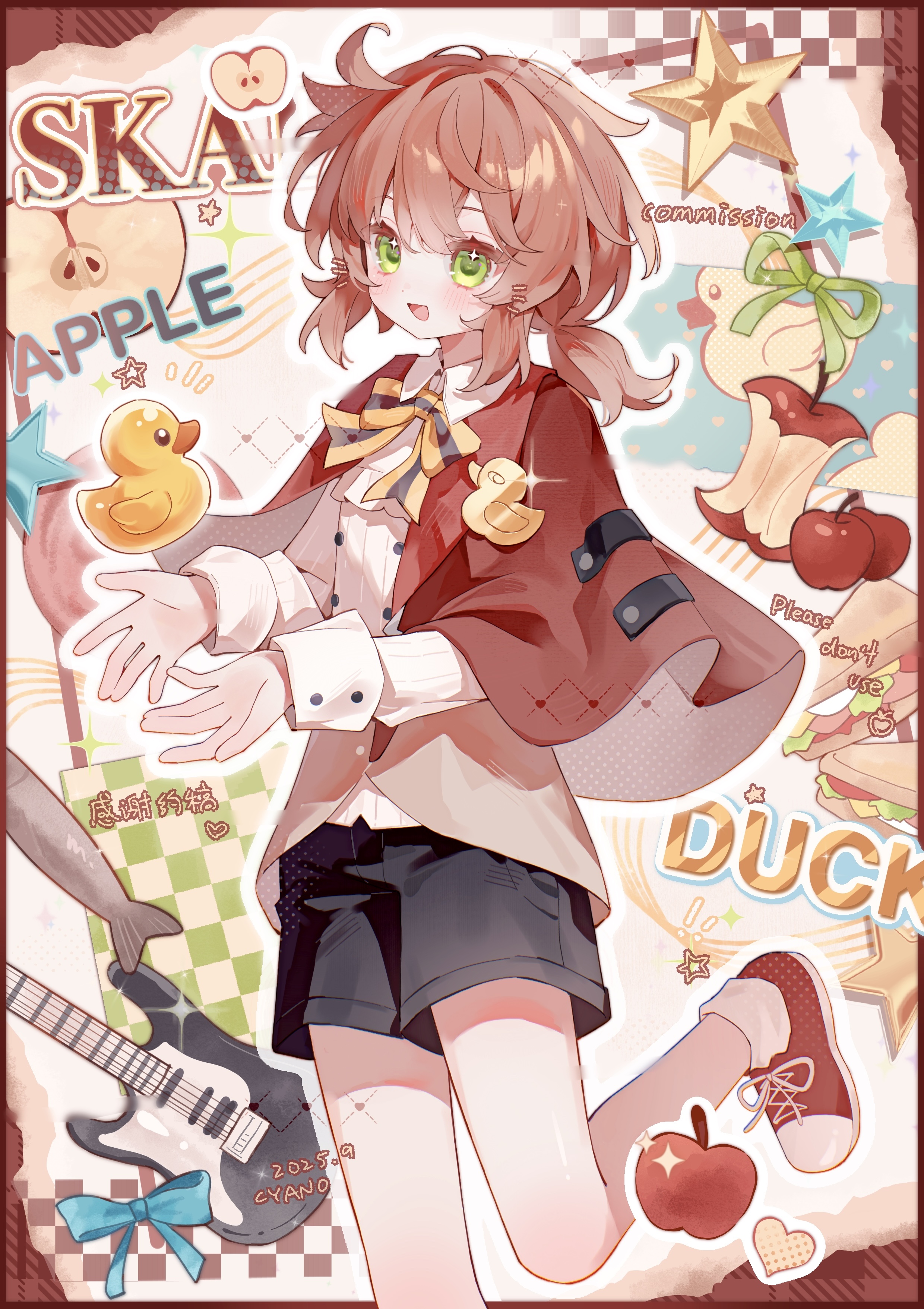 cyano, original, absurdres, commission, highres, 1girl, :d, apple, black shorts, blush, bow, bowtie, brown hair, capelet, collared shirt, cowboy shot, dated, electric guitar, food, fruit, green eyes, guitar, heart, instrument, long sleeves, medium hair, open mouth, red capelet, red shoes, rubber duck, shirt, shoes, shorts, signature, smile, sneakers, socks, solo, standing, standing on one leg, star (symbol), striped bow, striped bowtie, striped clothes, white shirt, white socks, yellow bow, yellow bowtie