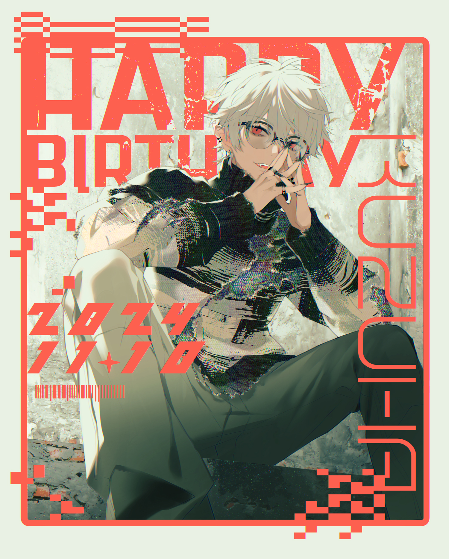 akke (akke299), kuzuha (nijisanji), nijisanji, highres, 1boy, barcode, black-framed eyewear, black nails, black sweater, border, cover, dated, ear piercing, earrings, english text, fake cover, fake magazine cover, fangs, feet out of frame, fingernails, glasses, grey pants, hair between eyes, hands up, happy birthday, jewelry, knees up, long sleeves, looking at viewer, magazine cover, male focus, multicolored sweater, nail polish, own hands together, pants, parted lips, piercing, pointy ears, red eyes, ring, round eyewear, sharp fingernails, short hair, sitting, smile, solo, sweater, turtleneck, turtleneck sweater, virtual youtuber, white hair