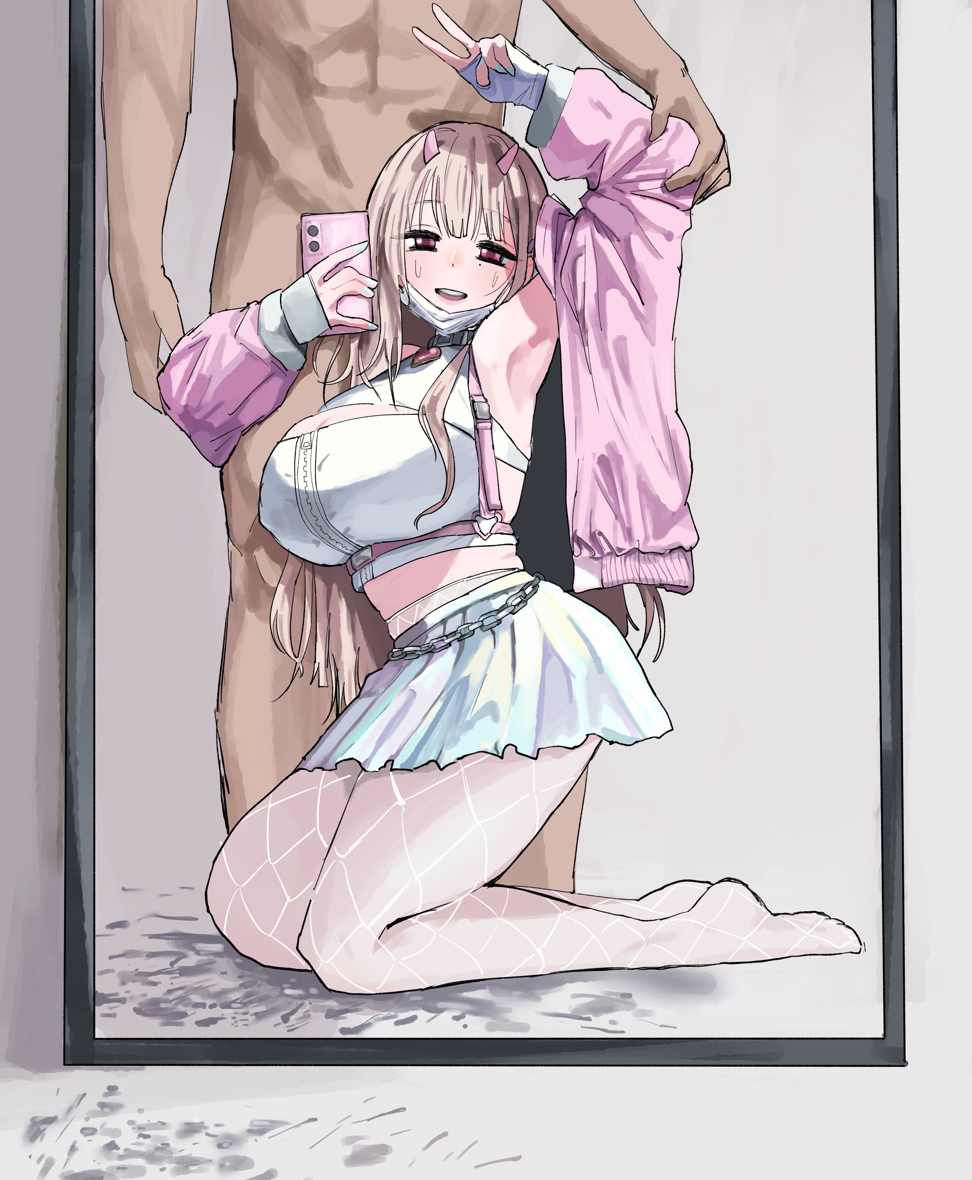 yakedo ni chuui, viper (nikke), goddess of victory: nikke, shiny skirt, absurdres, highres, 1girl, armpits, arms up, bare shoulders, blonde hair, blush, breasts, brown hair, cellphone, chest harness, cleavage, cleavage cutout, clothed after sex, clothing cutout, collar, exhausted, fingerless gloves, fishnet pantyhose, fishnets, full-length mirror, gloves, grabbing another's arm, half-closed eyes, harness, heart pendant, holding, holding phone, holographic clothing, horns, hugging another's leg, implied after sex, iridescent, jacket, kneeling, large breasts, long hair, mask, mask pull, midriff, miniskirt, mirror, mirror selfie, mole, mole under eye, mouth mask, muscular, muscular male, nude, open mouth, pantyhose, phone, pink eyes, pink horns, pink jacket, pussy juice, pussy juice trail, red eyes, reflection, reflection focus, selfie, skirt, smartphone, smile, thighs, v, white gloves, white mask, white nails, white pantyhose, white skirt
