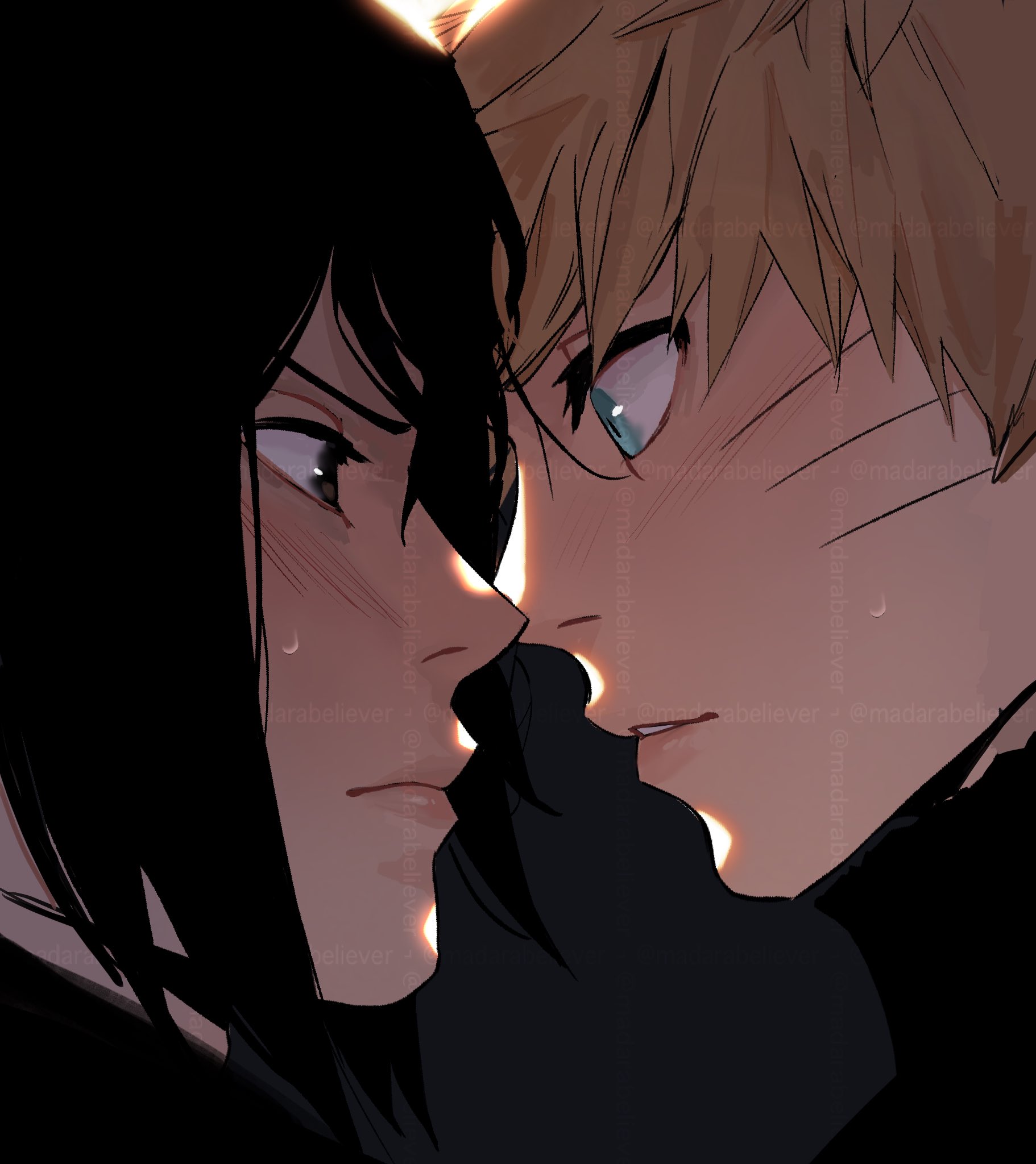 madarabeliever, uchiha sasuke, uzumaki naruto, naruto (series), naruto shippuuden, commentary, hashtag-only commentary, highres, 2boys, black hair, black shirt, blonde hair, blue eyes, blush, closed mouth, facial mark, from side, grey eyes, male focus, multiple boys, nervous sweating, parted bangs, parted lips, shirt, sweat, teeth, turtleneck, whisker markings, yaoi