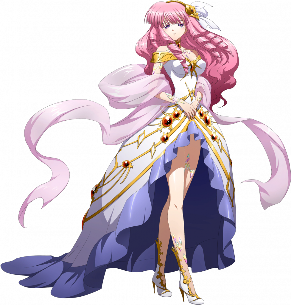langrisser, langrisser mobile, game cg, official art, third-party source, 1girl, bare shoulders, breasts, cleavage, closed mouth, crossed legs, crystal, crystallization, dress, evening gown, floating clothes, full body, gem, gold hairband, gold trim, gown, hairband, high-low dress, high heels, jewelry, legs, long hair, looking at viewer, medium breasts, necklace, ornate clothes, own hands together, pink hair, pink shawl, purple eyes, red gemstone, ringlets, rozenciel (langrisser), see-through clothes, see-through shawl, serious, shawl, shoes, simple background, solo, standing, tachi-e, transparent background, two-tone dress, wavy hair, white dress, white shoes