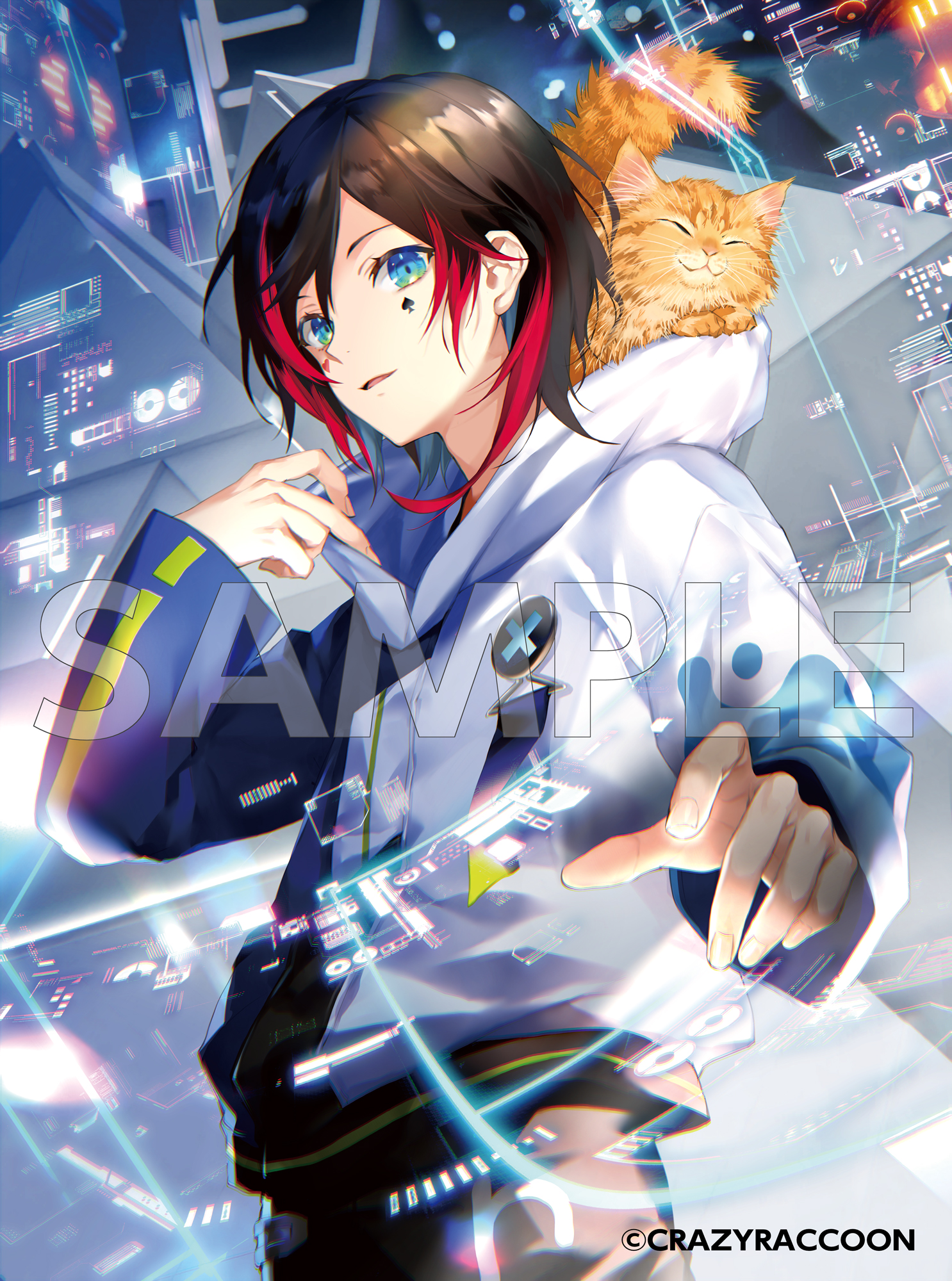 akke (akke299), uruca (vtuber), crazy raccoon, highres, 1boy, animal, animal in clothes, animal on shoulder, black hair, black pants, blue eyes, cat, city, copyright notice, facial mark, hair between eyes, hood, hood down, hooded jacket, jacket, long sleeves, looking at viewer, male focus, multicolored hair, multicolored jacket, outstretched hand, pants, parted lips, red hair, sample watermark, short hair, smile, solo, streaked hair, virtual youtuber, watermark, white jacket