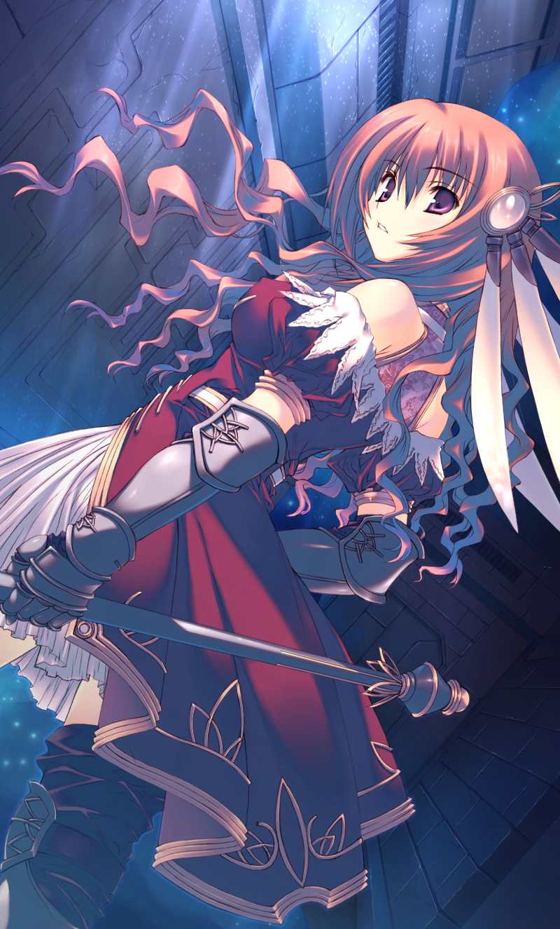 mitsumi misato, cecilia kybele, cecilia qubeley, kimi ga yobu megiddo no oka de, game cg, highres, 1girl, armor, bare shoulders, breasts, covered erect nipples, dress, female focus, gauntlets, hair ornament, headdress, kimi ga yobu megido no oka de, long hair, medium breasts, purple eyes, red hair, solo, staff, thighhighs