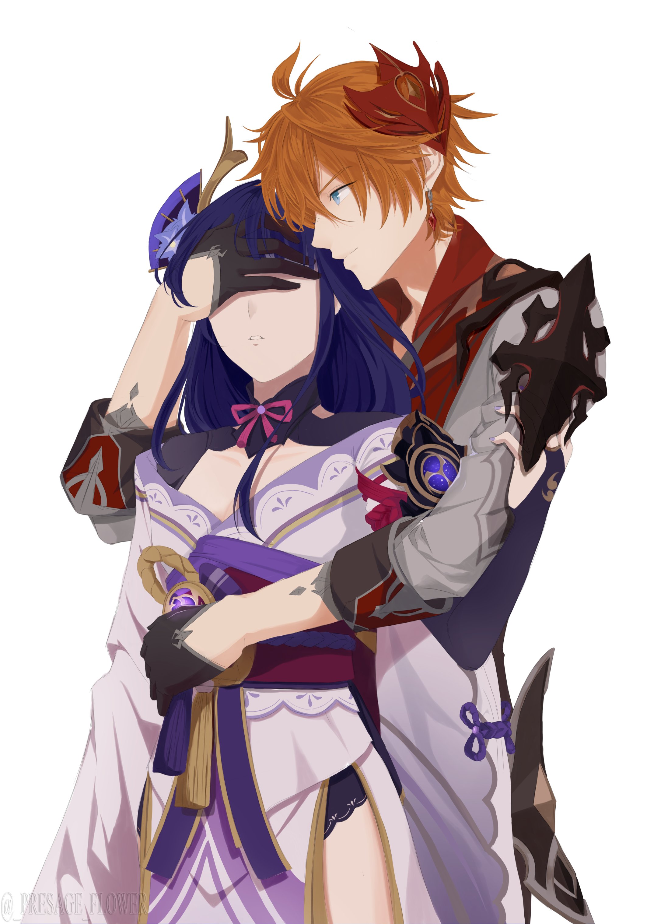 phlower luna, raiden shogun, tartaglia (genshin impact), genshin impact, absurdres, commentary, english commentary, highres, 1boy, 1girl, ahoge, armor, asymmetrical sleeves, black gloves, black panties, blue eyes, blunt bangs, bridal gauntlets, closed mouth, clothing cutout, collarbone, collared shirt, couple, covering another's eyes, curly hair, earrings, fan hair ornament, flower, formal clothes, friends, from side, gloves, glowing, hair between eyes, hair flower, hair ornament, hetero, hug, hug from behind, japanese armor, japanese clothes, jewelry, kimono, leaning back, leaning on person, long hair, long sleeves, mask, mask on head, mitsudomoe (shape), neck ribbon, off shoulder, orange hair, panties, parted lips, purple hair, purple kimono, red mask, red ribbon, red sash, ribbon, sash, shade, shirt, short hair, shoulder armor, shoulder cutout, simple background, single earring, sleeves rolled up, standing, suit, teeth, tomoe (symbol), underwear, uneven sleeves, upper body, white background, wide sleeves