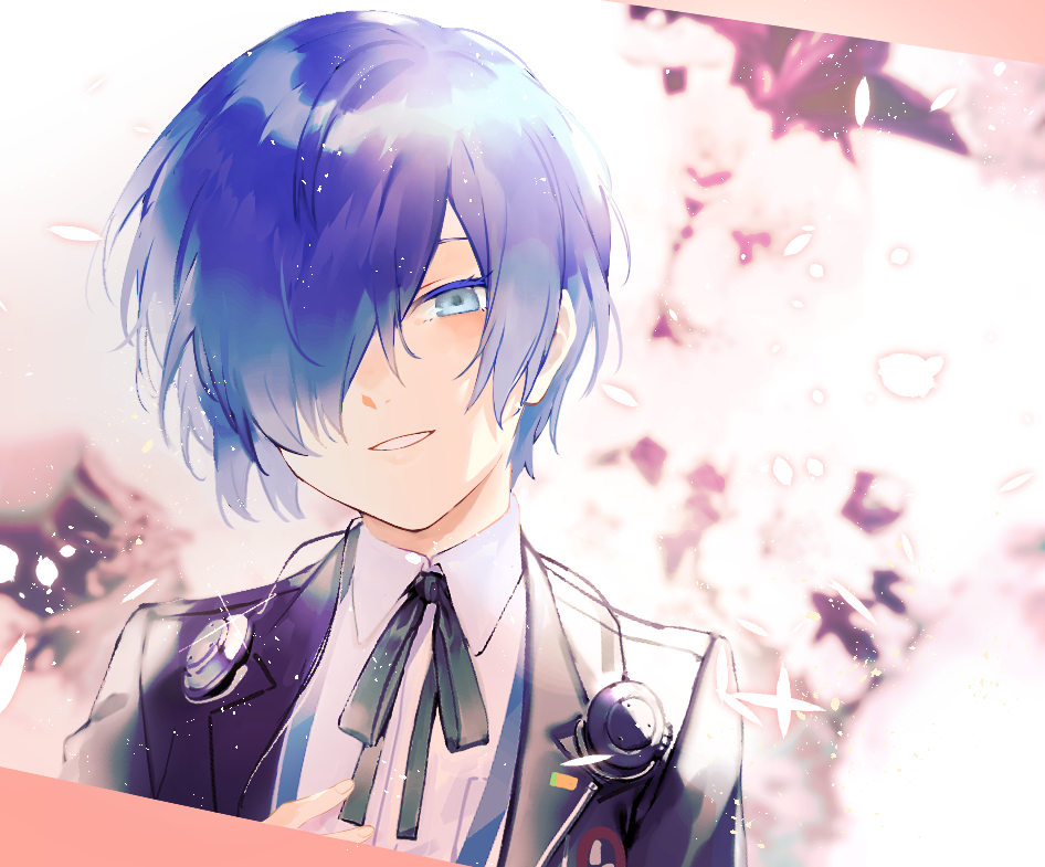 lor (roasyerizyonirapi), yuuki makoto (persona 3), persona, persona 3, commentary request, 1boy, black jacket, black ribbon, blue eyes, blue hair, blurry, blurry background, border, dutch angle, earphones, falling petals, fingernails, gekkoukan high school uniform, hair over one eye, hand on own chest, hand up, jacket, light particles, looking at viewer, male focus, neck ribbon, open clothes, open jacket, parted lips, petals, pink border, pink petals, ribbon, school uniform, shirt, short hair, smile, solo, white shirt