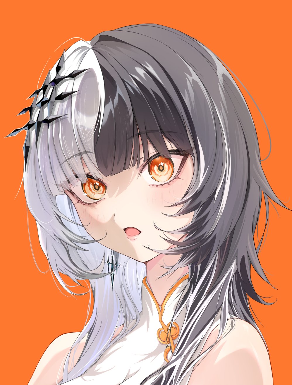 shiori novella, hololive, hololive english, highres, black hair, china dress, chinese clothes, dress, dybala41, earrings, hair ornament, jewelry, multicolored hair, orange eyes, single earring, solo, split-color hair, two-tone hair, virtual youtuber