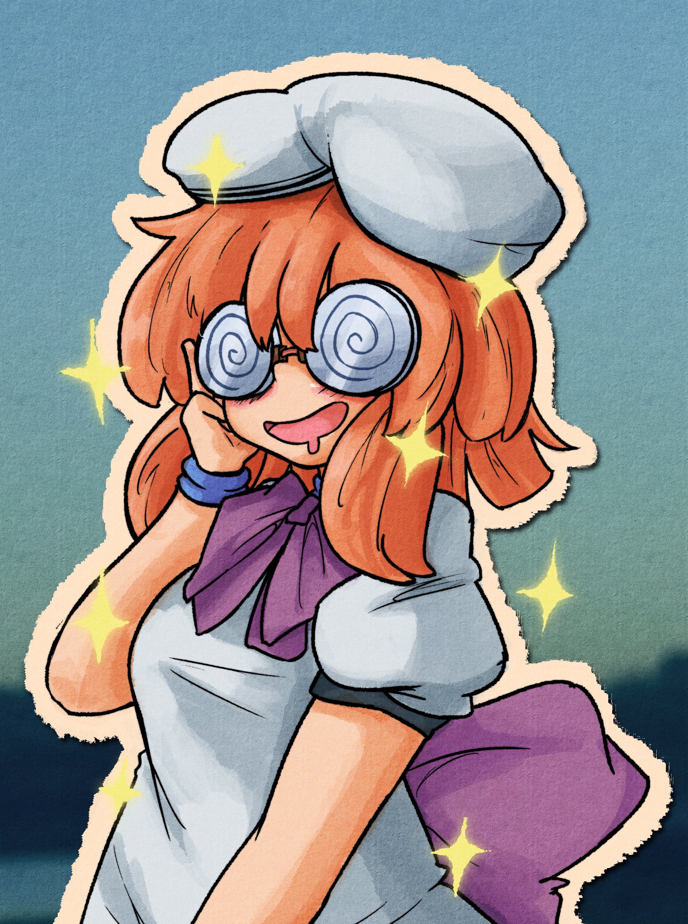 mcsquiddies, ryuuguu rena, higurashi no naku koro ni, absurdres, highres, 1girl, back bow, beret, blue background, blush, bow, bowtie, coke-bottle glasses, drooling, glasses, hand on own cheek, hand on own face, hat, long hair, mouth drool, open mouth, orange hair, orange outline, outline, puffy short sleeves, puffy sleeves, purple bow, purple bowtie, shirt, short sleeves, solo, sparkle, white hat, white shirt