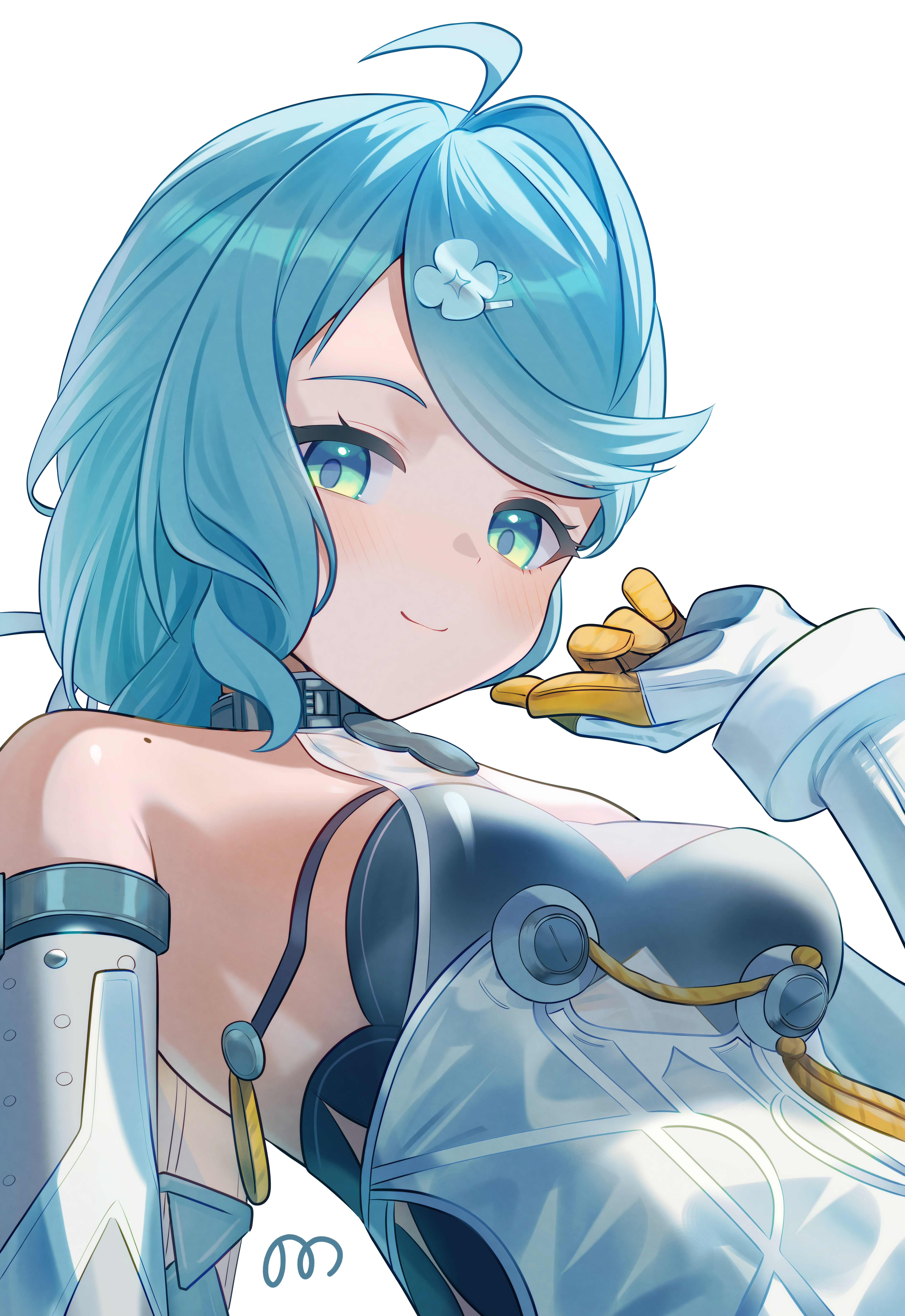 07nono06, seed (zenless zone zero), zenless zone zero, absurdres, highres, 1girl, ahoge, aqua eyes, aqua hair, bare shoulders, black bra, blush, bra, breasts, closed mouth, detached sleeves, dress, flower hairpin, gloves, hair ornament, long hair, looking at viewer, medium breasts, mole, mole on shoulder, see-through clothes, see-through dress, smile, solo, underwear, upper body, white gloves
