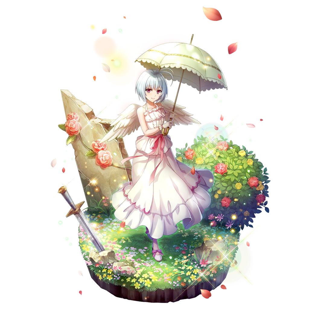 fitoria (tate no yuusha no nariagari), tate no yuusha no nariagari, tate no yuusha no nariagari rerise, artist request, game cg, official art, 1girl, antenna hair, bird girl, bird wings, blonde hair, boots, bush, closed mouth, collarbone, day, dress, eyelashes, falling petals, feathered wings, flat chest, flats, flower, footwear ribbon, full body, glint, hands up, holding, holding umbrella, light particles, long dress, looking at viewer, medium hair, multicolored hair, official alternate costume, orange flower, outdoors, petals, pink dress, pink flower, pink ribbon, planted, planted sword, planted weapon, red eyes, red flower, red rose, ribbon, rose, rose bush, ruins, simple background, sleeveless, sleeveless dress, smile, solo, sparkle, standing, streaked hair, sundress, sword, transparent background, two-tone dress, umbrella, waist ribbon, weapon, white boots, white dress, white flower, white hair, white umbrella, white wings, wings, yellow flower