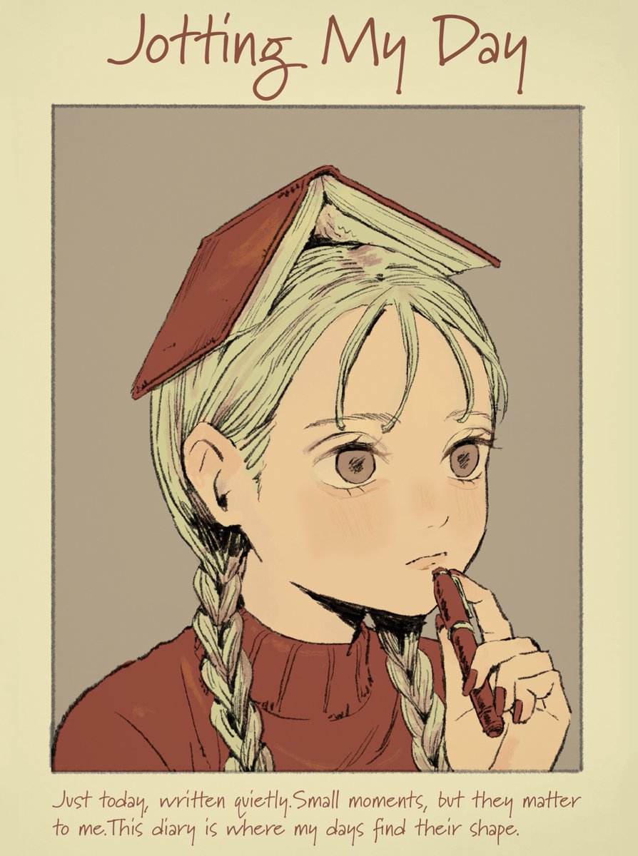 karasane03, original, commentary, english commentary, highres, 1girl, blonde hair, book, book on head, braid, brown eyes, english text, facing away, grey background, hair behind ear, hair pulled back, holding, holding pen, lips, low twin braids, nail polish, object on head, open book, pen, portrait, red nails, red sweater, sanpaku, simple background, solo, sweater, tareme, thinking, turtleneck, twin braids