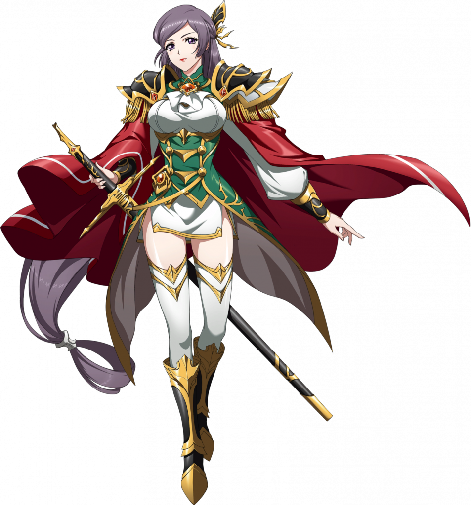 langrisser, langrisser mobile, langrisser re:incarnation, game cg, official art, third-party source, 1girl, arm guards, armlet, armor, armored boots, ascot, black background, boots, breasts, brooch, buttons, cape, closed mouth, epaulettes, floating cape, floating clothes, floating hair, florentia (langrisser), framed breasts, fringe trim, full body, gold buttons, gold trim, green jacket, hair ornament, hand on hilt, holding, holding sword, holding weapon, jacket, jewelry, lipstick, long hair, long sleeves, looking at viewer, low-tied long hair, makeup, medium breasts, military jacket, military uniform, miniskirt, outstretched arm, parted bangs, pauldrons, purple eyes, purple hair, red cape, red lips, scabbard, serious, sheath, sheathed, shoulder armor, side slit, simple background, skirt, solo, standing, sword, tachi-e, thighhighs, transparent background, vambraces, very long hair, weapon, white ascot, white skirt, white thighhighs, zettai ryouiki