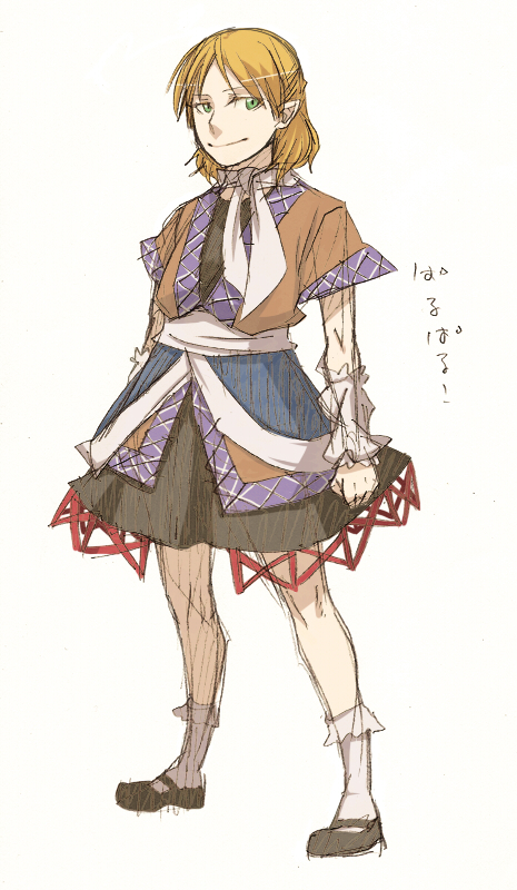 torinone, mizuhashi parsee, touhou, 1girl, blonde hair, female focus, full body, green eyes, short hair, solo, standing, white background