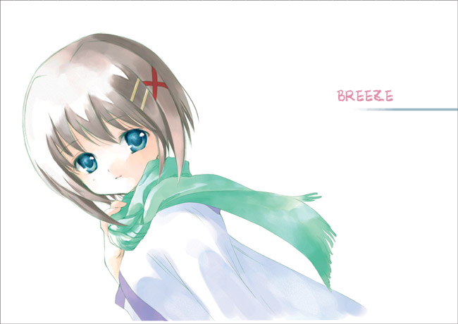 nyoi (rakunyoi), yagami hayate, lyrical nanoha, mahou shoujo lyrical nanoha, 00s, 1girl, blue eyes, blush, dutch angle, female focus, hair ornament, long sleeves, looking at viewer, scarf, shirt, short hair, simple background, solo, white background, white shirt, x hair ornament