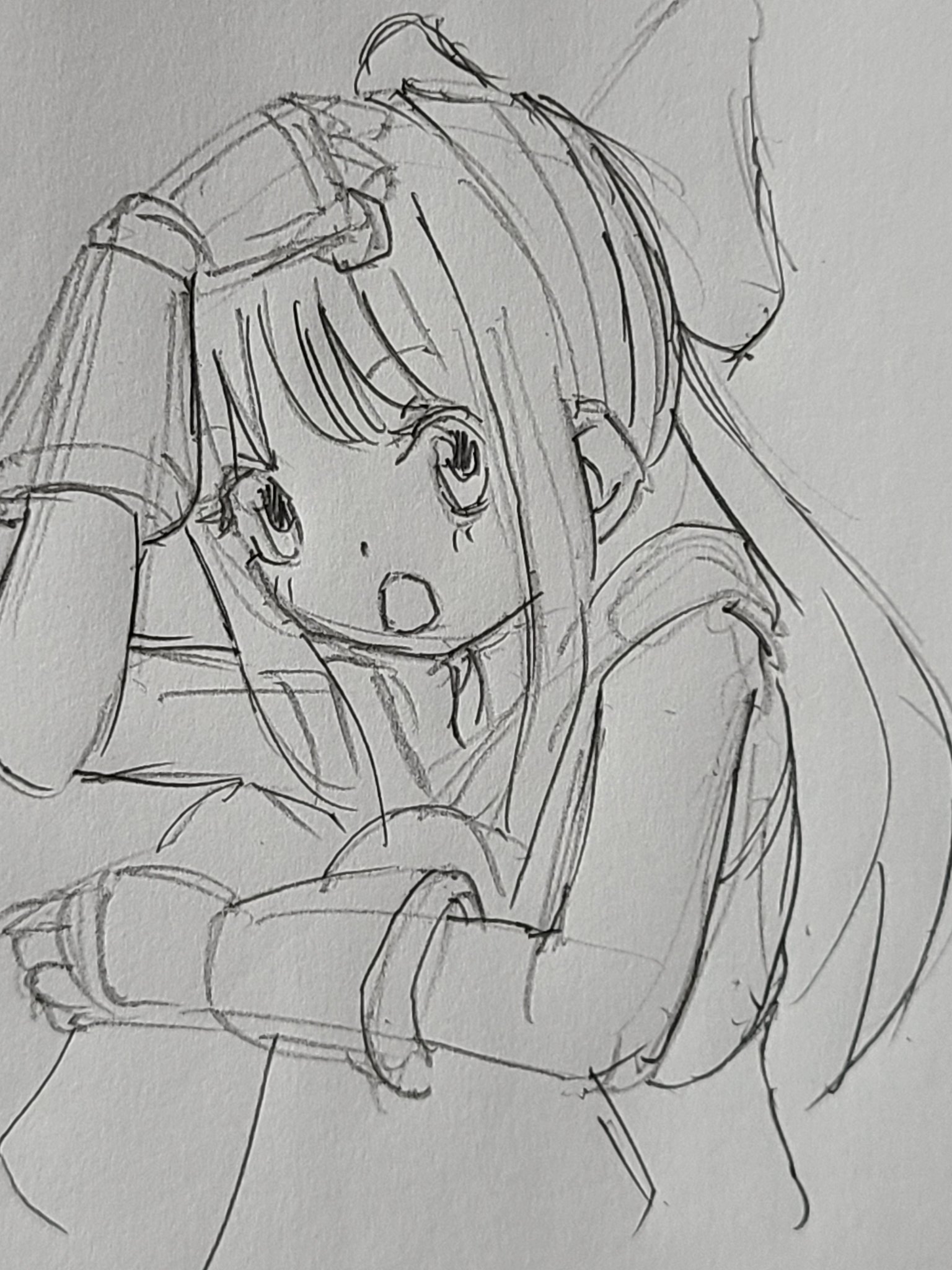 nakoruru, samurai spirits, snk, the king of fighters, highres, traditional media, 1girl, ainu clothes, arm up, fingerless gloves, gloves, hair ribbon, long hair, looking at viewer, monochrome, open mouth, pants, ribbon, sketch, solo, tongue