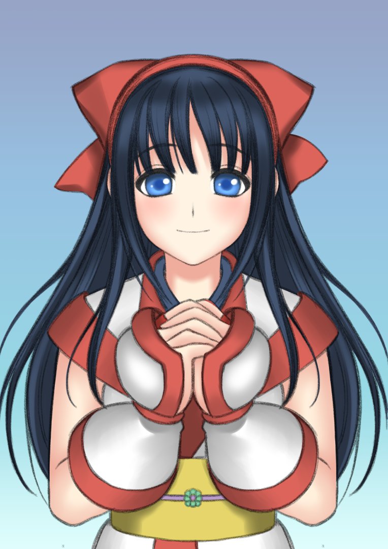 nakoruru, samurai spirits, snk, the king of fighters, the king of fighters xv, highres, 1girl, ainu clothes, blue eyes, blue hair, breasts, fingerless gloves, gloves, hair ribbon, long hair, looking at viewer, medium breasts, own hands clasped, ribbon, smile, solo