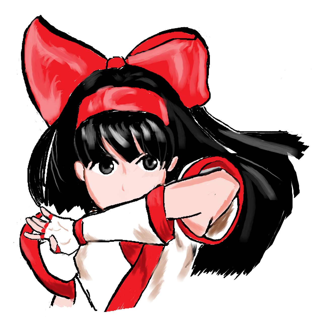 nakoruru, capcom vs. snk, samurai spirits, snk, the king of fighters, highres, 1girl, ainu clothes, arm up, black eyes, black hair, breasts, fingerless gloves, gloves, hair ribbon, long hair, looking at viewer, oekaki, ribbon, small breasts, solo