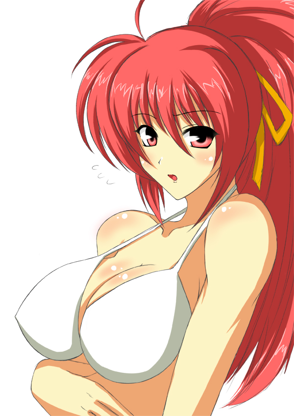 signum, lyrical nanoha, mahou shoujo lyrical nanoha, 00s, bikini, blush, breasts, cleavage, large breasts, long hair, open mouth, ponytail, red eyes, red hair, solo, swimsuit