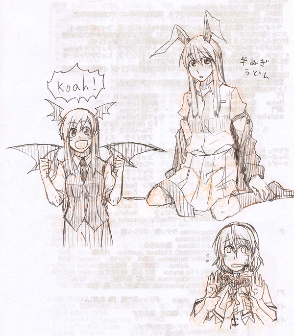 torinone, alice margatroid, koakuma, reisen udongein inaba, touhou, bad id, bad pixiv id, 3girls, :d, animal ears, brown theme, dress shirt, female focus, flying sweatdrops, head wings, koa (phrase), monochrome, multiple girls, necktie, o o, open mouth, rabbit ears, shirt, short hair, short sleeves, sketch, skirt, skirt set, smile, undressing, vest, wings