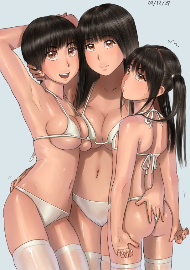 zenkou, ayaka (zenkou), ayumu (zenkou), chitose (zenkou), original, white legwear, 3girls, age difference, armpits, arms up, ass, asymmetrical docking, bikini, blue background, breast press, breasts, brown hair, cameltoe, cleavage, cowboy shot, dated, fingering, flat chest, grabbing another's ass, groping, hand under clothes, hand under swimsuit, height difference, large breasts, loli, long hair, looking at viewer, looking back, medium breasts, micro bikini, multiple girls, onee-loli, orange eyes, see-through clothes, shiny skin, short hair, short twintails, sideboob, simple background, skindentation, small breasts, smile, standing, swimsuit, symmetrical docking, thighhighs, thong bikini, twintails, underboob, white bikini, yuri