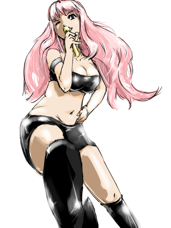 hyudora, sheryl nome, macross, macross frontier, bad id, bad pixiv id, 00s, 1girl, belt, blue eyes, female focus, hand on own hip, holding, long hair, looking at viewer, microphone, midriff, music, navel, pink hair, shorts, simple background, singing, solo, stomach, very long hair, white background