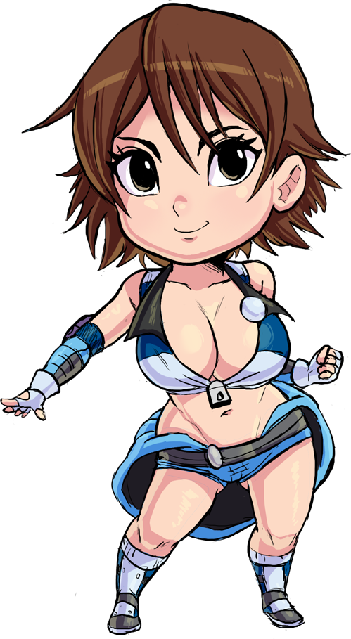 teevo, kazama asuka, tekken, breasts, brown eyes, brown hair, chibi, cleavage, clothes around waist, gluteal fold, jacket, jacket around waist, japanese (nationality), large breasts, short hair, short shorts, shorts, zipper pull tab