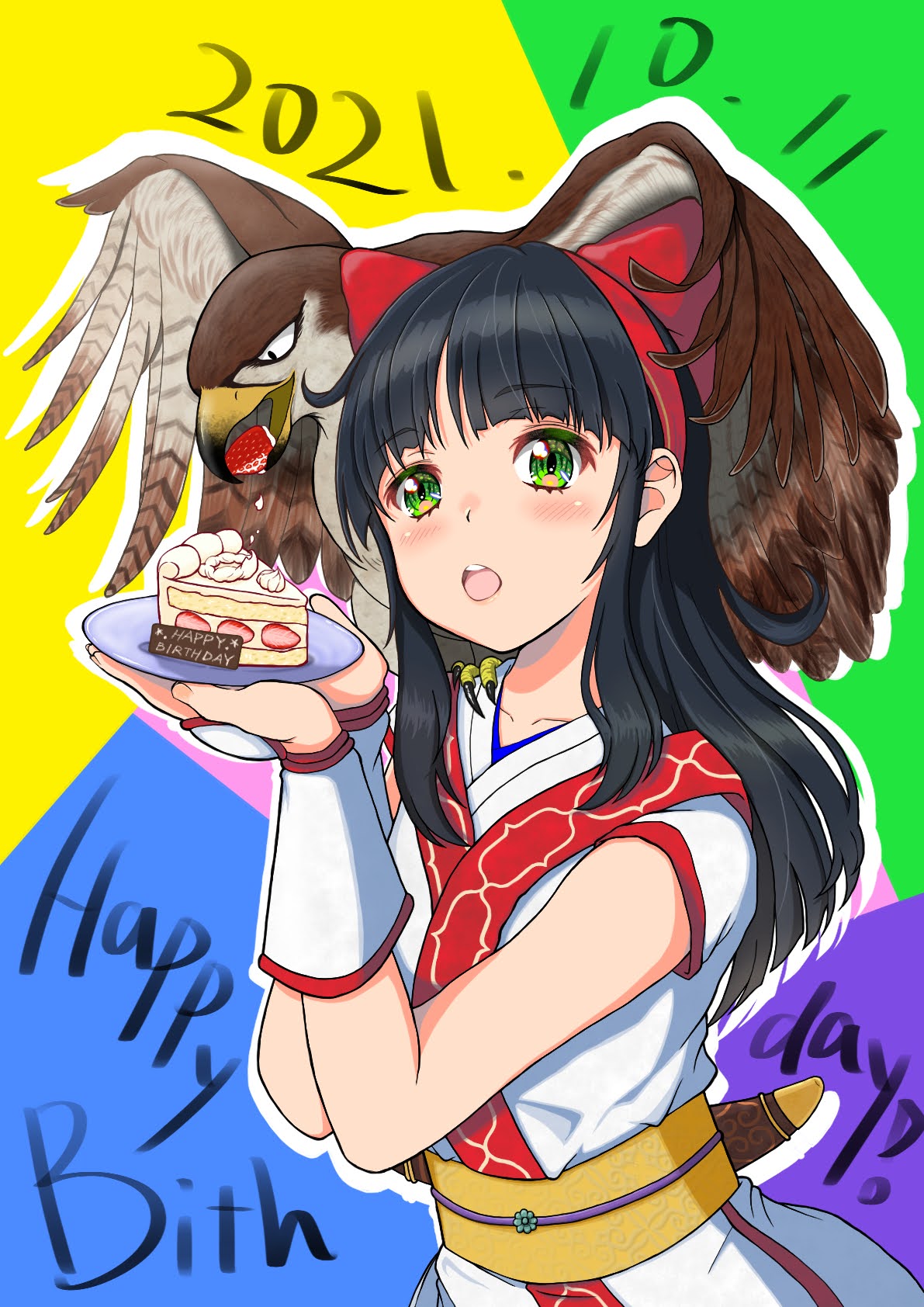 mamahaha, nakoruru, samurai spirits, snk, the king of fighters, the king of fighters xv, highres, 1girl, ainu clothes, birthday cake, black hair, breasts, cake, dated, eating, english text, food, green eyes, hair ribbon, happy birthday, long hair, looking at viewer, medium breasts, open mouth, ribbon, strawberry cake, teeth, tongue, weapon
