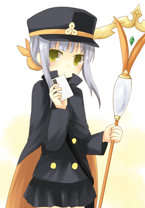 yuzuki (yuduame), fumika, kanaka, shigofumi, bad id, bad pixiv id, 00s, 1girl, cape, female focus, grey hair, hat, letter, shako cap, solo, staff, yellow eyes