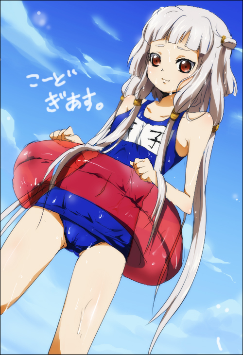 kl (dgzonbi), tianzi, code geass, 00s, albino, cameltoe, child, collarbone, flat chest, innertube, long hair, one-piece swimsuit, quad tails, red eyes, school swimsuit, swim ring, swimsuit, very long hair, wet, white hair