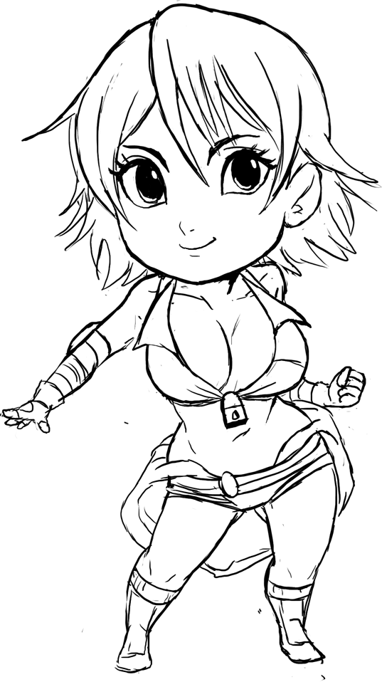 teevo, kazama asuka, tekken, breasts, chibi, cleavage, clothes around waist, gluteal fold, jacket, jacket around waist, japanese (nationality), large breasts, looking at viewer, navel, short hair, short shorts, shorts, sketch, zipper pull tab