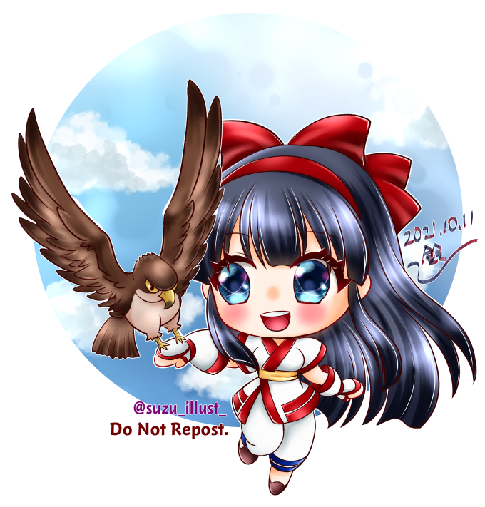 mamahaha, nakoruru, samurai spirits, snk, the king of fighters, 1girl, ainu clothes, arm up, artist name, black hair, blue eyes, breasts, chibi, dated, fingerless gloves, gloves, hair ribbon, large breasts, legs, long hair, pants, ribbon, smile, teeth, thighs, tongue