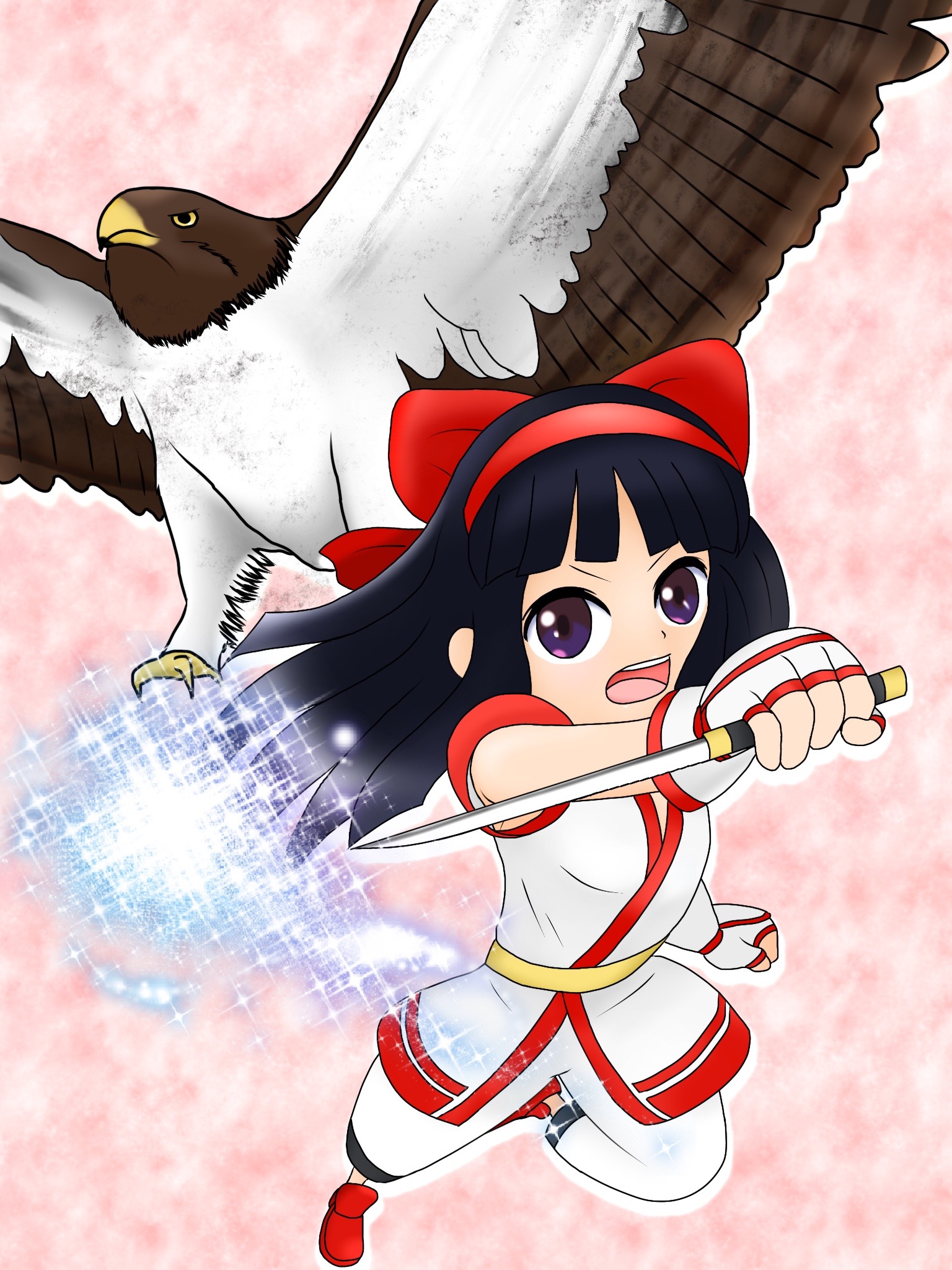 mamahaha, nakoruru, samurai spirits, snk, the king of fighters, highres, 1girl, ainu clothes, black hair, chibi, fingerless gloves, gloves, hair ribbon, legs, long hair, looking at viewer, mall breasts, outstretched arm, pants, purple eyes, ribbon, serious, teeth, thighs, tongue, weapon