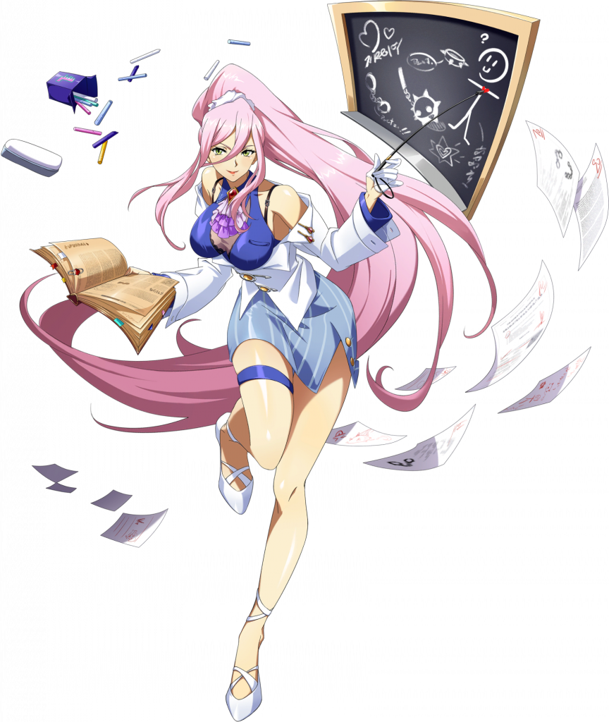 langrisser, langrisser mobile, langrisser re:incarnation, game cg, official art, third-party source, 1girl, ascot, bare shoulders, blue shirt, blue skirt, board eraser, book, bra strap, breasts, brooch, buttons, chalk, chalk drawing, chalkboard, cleavage, closed mouth, floating, floating hair, floating object, flying paper, full body, gloves, green eyes, hair between eyes, hair ornament, hair scrunchie, half gloves, high heels, high ponytail, hilda (langrisser), holding, holding book, holding pointer, jacket, jacket partially removed, jewelry, large breasts, leg up, legs, long hair, long sidelocks, looking at viewer, miniskirt, official alternate costume, paper, papers, pencil skirt, pointer, ponytail, pumps, purple ascot, scrunchie, see-through cleavage, see-through clothes, shirt, shoes, side slit, sidelocks, simple background, skirt, smile, solo, standing, standing on one leg, striped clothes, striped skirt, tachi-e, teacher, thigh strap, too many papers, transparent background, vertical-striped clothes, vertical-striped skirt, very long hair, white gloves, white jacket, white shoes