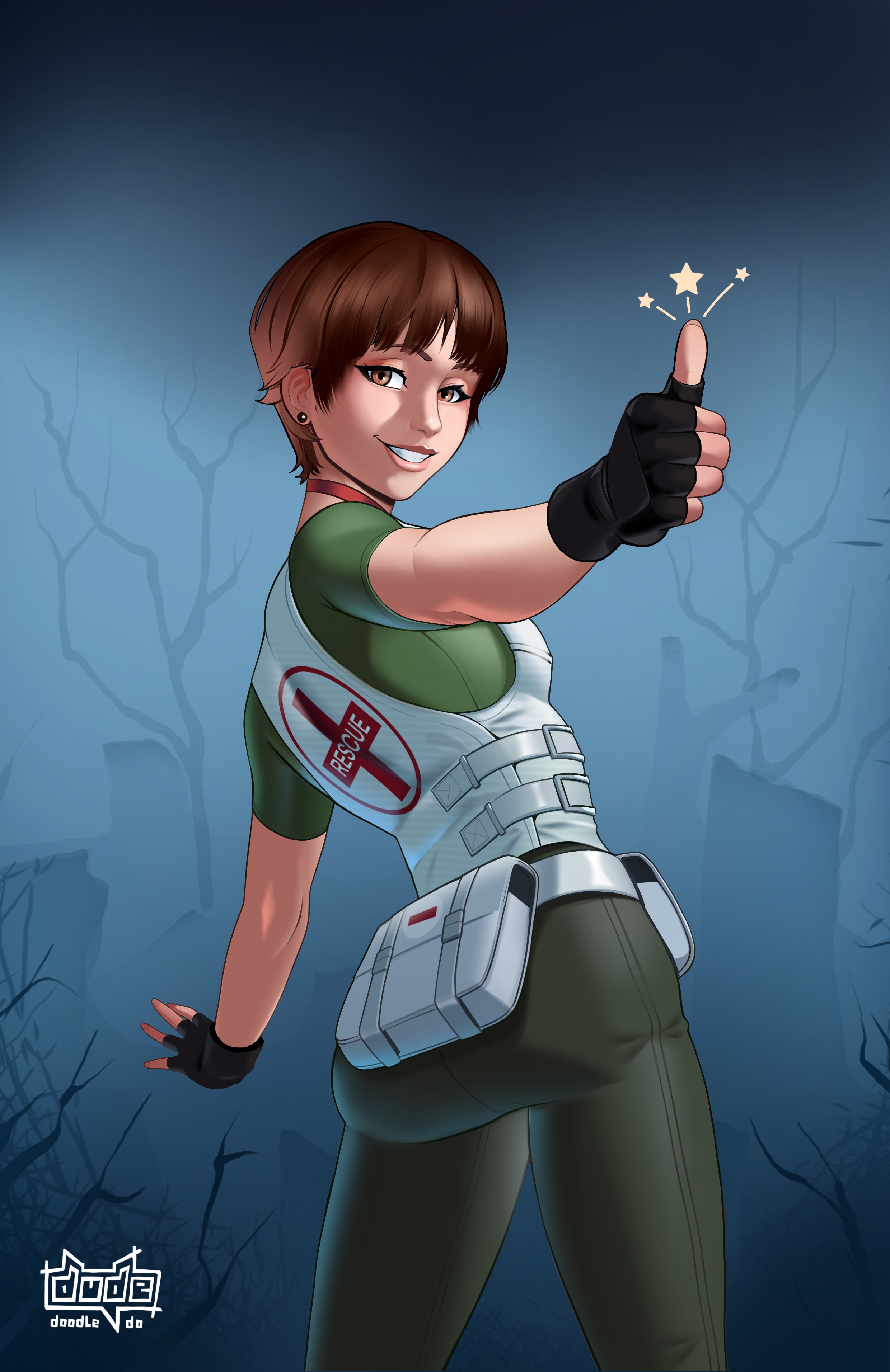 dude-doodle, rebecca chambers, resident evil, resident evil 0, absurdres, highres, 1girl, ass, black gloves, brown eyes, brown hair, bulletproof vest, cropped legs, fingerless gloves, gloves, green pants, green shirt, grin, pants, shirt, short hair, simple background, smile, solo, standing, thumbs up