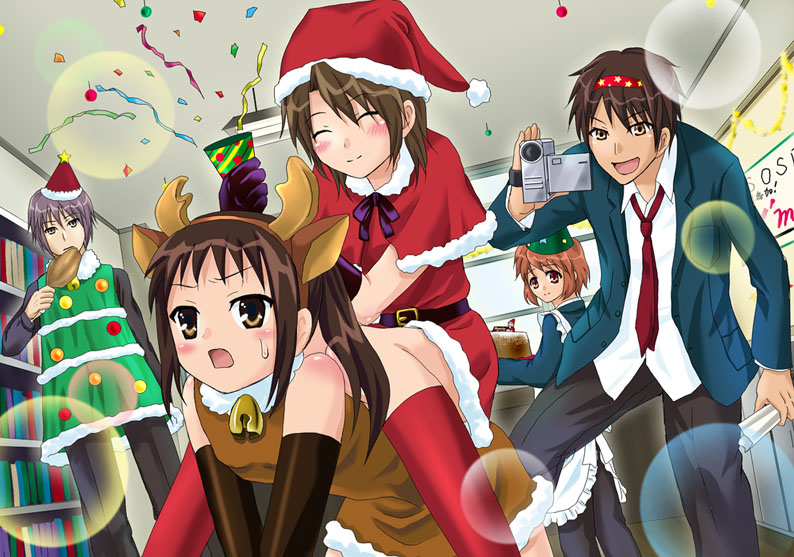 kawana h, asahina mitsuru, koizumi itsuki (female), kyonko, nagato yuuki, suzumiya haruhiko, suzumiya haruhi no yuuutsu, bad id, bad pixiv id, 2girls, 3boys, bare shoulders, blush, brown hair, camera, christmas, closed eyes, confetti, cosplay, genderswap, genderswap (ftm), genderswap (mtf), long hair, multiple boys, multiple girls, orange hair, ponytail, purple hair, santa costume, short hair, smile