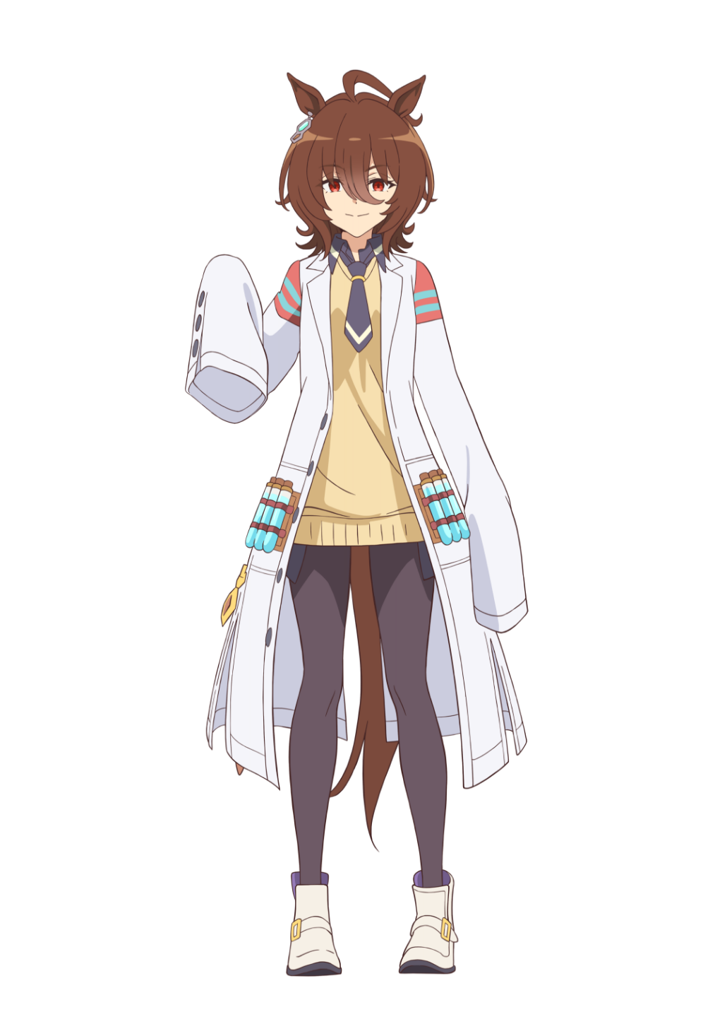 agnes tachyon (tach-nology) (umamusume), agnes tachyon (umamusume), umamusume, umamusume: beginning of a new era, highres, official art, 1girl, ahoge, animal ears, black necktie, black pantyhose, breasts, brown hair, brown tail, cardigan, closed mouth, coat, collared shirt, dot nose, ear ornament, earrings, female focus, full body, horse ears, horse girl, horse tail, jewelry, lab coat, long sleeves, looking at viewer, medium hair, necktie, no pants, pantyhose, red eyes, shirt, shirt under sweater, shirt under vest, shoes, sleeves past fingers, sleeves past wrists, small breasts, smile, solo, solo focus, sweater, sweater vest, tail, white coat, white shoes, yellow cardigan, yellow sweater, yellow sweater vest
