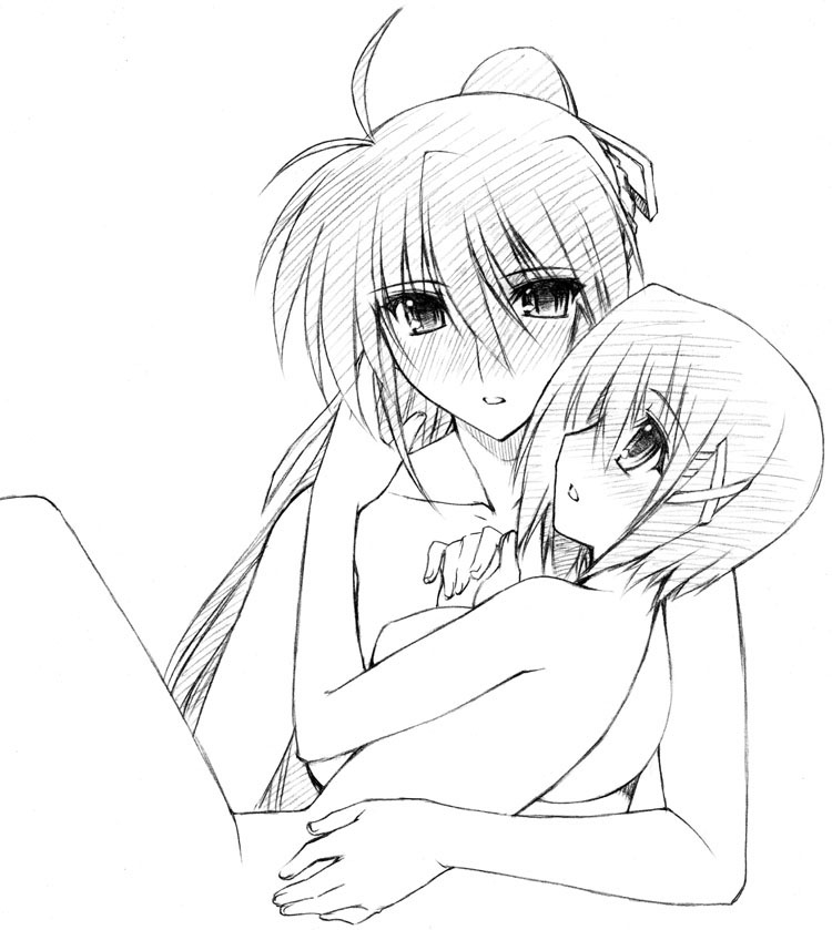 koishikawa, signum, yagami hayate, lyrical nanoha, mahou shoujo lyrical nanoha, mahou shoujo lyrical nanoha a's, mahou shoujo lyrical nanoha strikers, french braid, 00s, 2girls, age difference, antenna hair, back, blush, braid, breasts, carrying, greyscale, hair between eyes, hair ornament, hair ribbon, hairclip, half updo, high ponytail, large breasts, long hair, looking at another, looking at viewer, monochrome, multiple girls, no nipples, nose blush, onee-loli, parted lips, ponytail, princess carry, reclining, ribbon, short hair, sideboob, simple background, sketch, small breasts, very long hair, x hair ornament, yuri