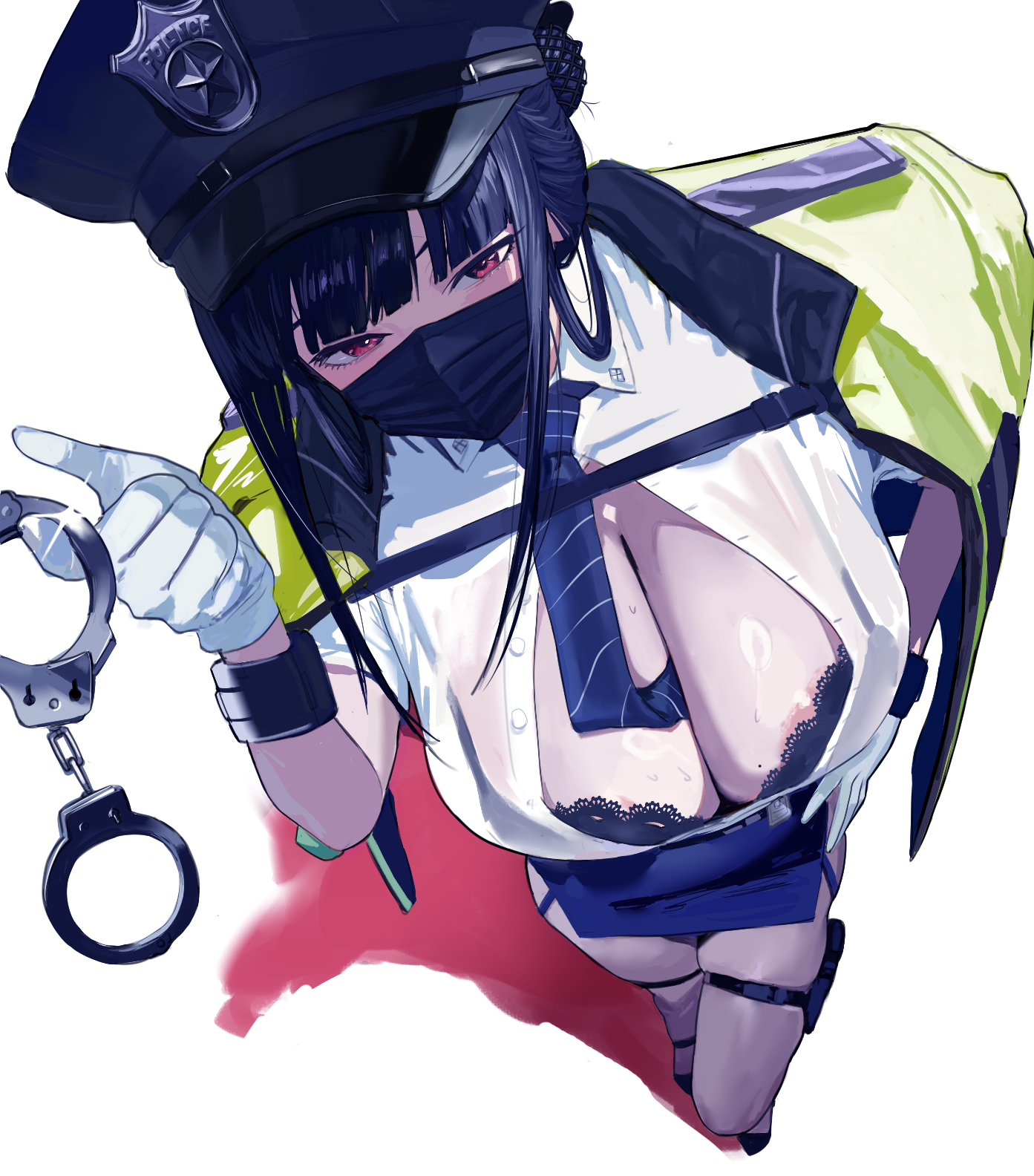 hintobento, d (killer wife) (secret police) (nikke), d (nikke), goddess of victory: nikke, highres, 1girl, areola slip, black bra, black hair, bra, bra peek, breasts, cleavage, cuffs, gloves, green jacket, handcuffs, hat, jacket, jacket on shoulders, large breasts, long hair, looking at viewer, mask, mouth mask, police, police hat, police uniform, red eyes, shirt, short sleeves, underwear, white gloves, white shirt