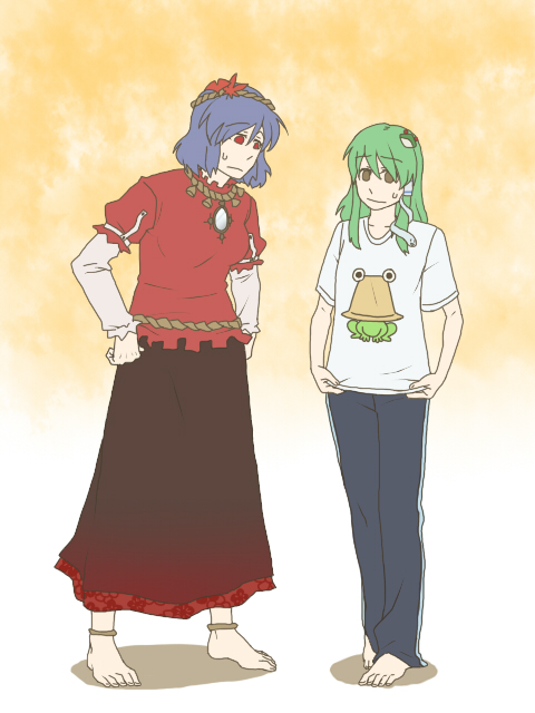 torinone, kochiya sanae, yasaka kanako, touhou, bad id, bad pixiv id, 2girls, barefoot, blue hair, female focus, green hair, hair ornament, leaf hair ornament, multiple girls, pants, red eyes, shirt, short hair, t-shirt